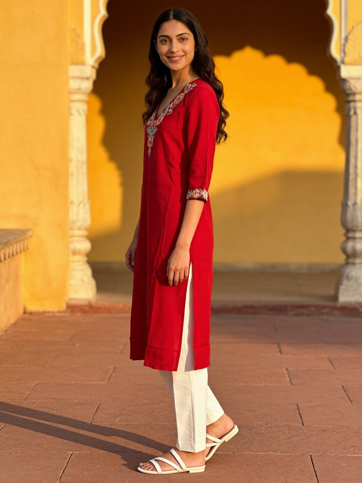 Rayon Embroidered Straight Calf Length Kurta