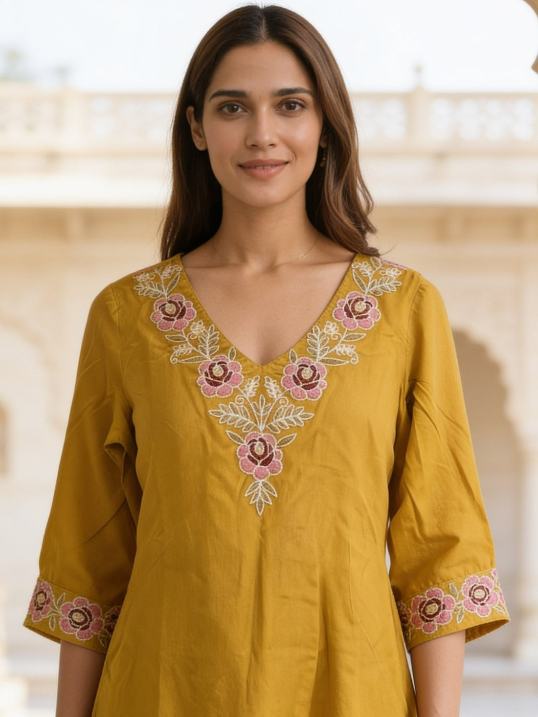 Buy Rayon Embroidered Straight Calf Length Kurta-Yellow