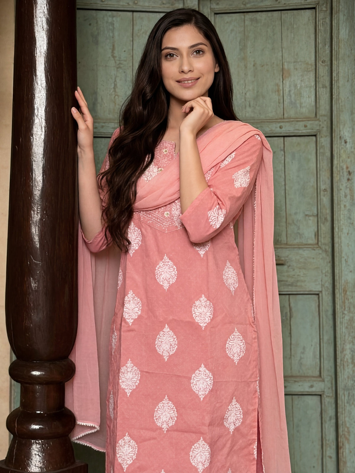 Cotton Printed Straight Calf Length Kurta With Pant and Dupatta