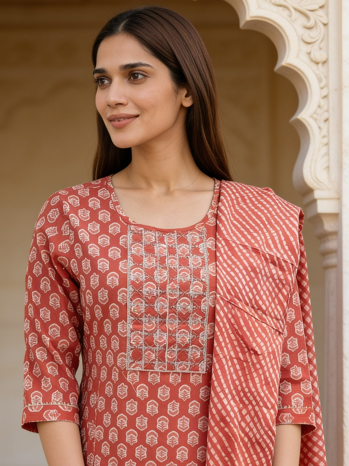 Chanderi Printed Straight Calf Length Kurta With Pant and Dupatta