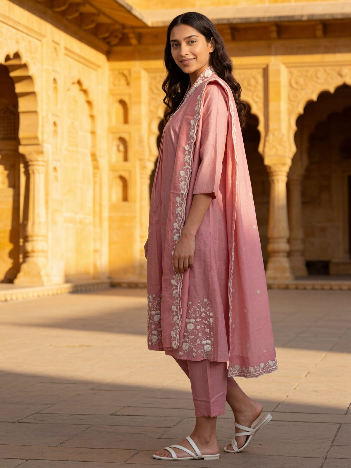 Chanderi Embroidered Flared Calf Length Kurta With Pant and Dupatta