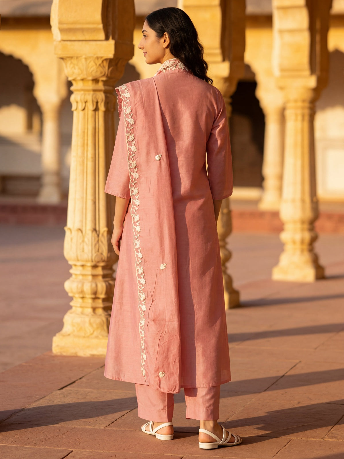 Chanderi Embroidered Flared Calf Length Kurta With Pant and Dupatta