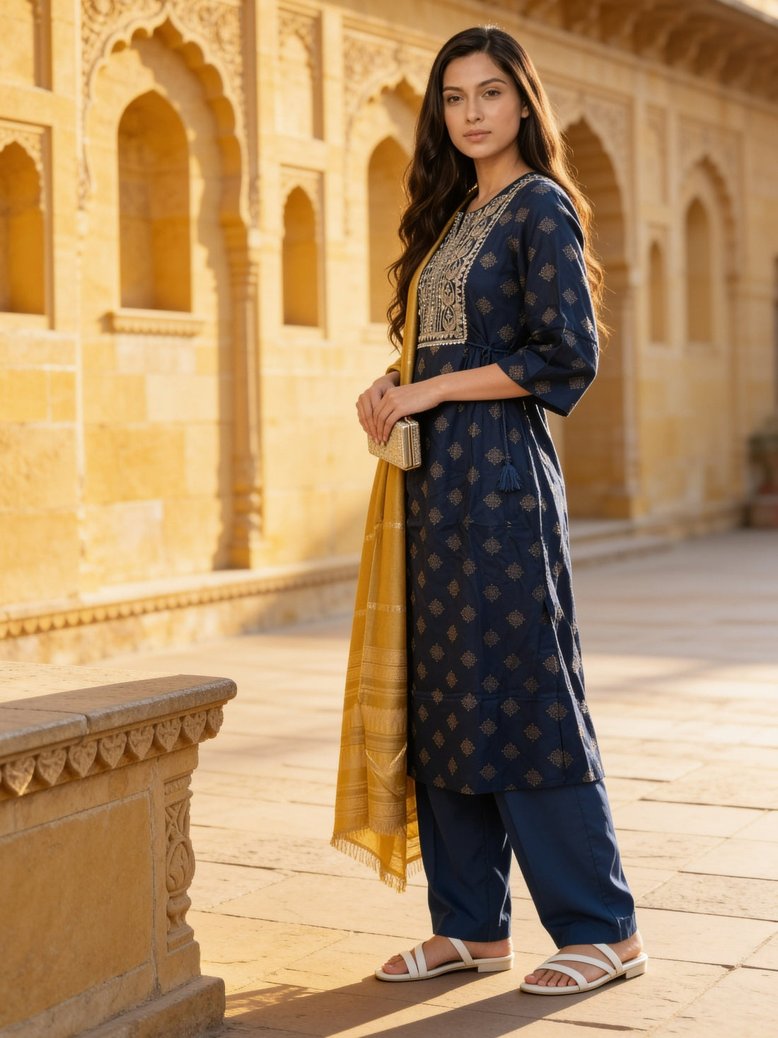 Buy Rayon Embroidered A-Line Calf Length Kurta With Pant and Dupatta-Blue
