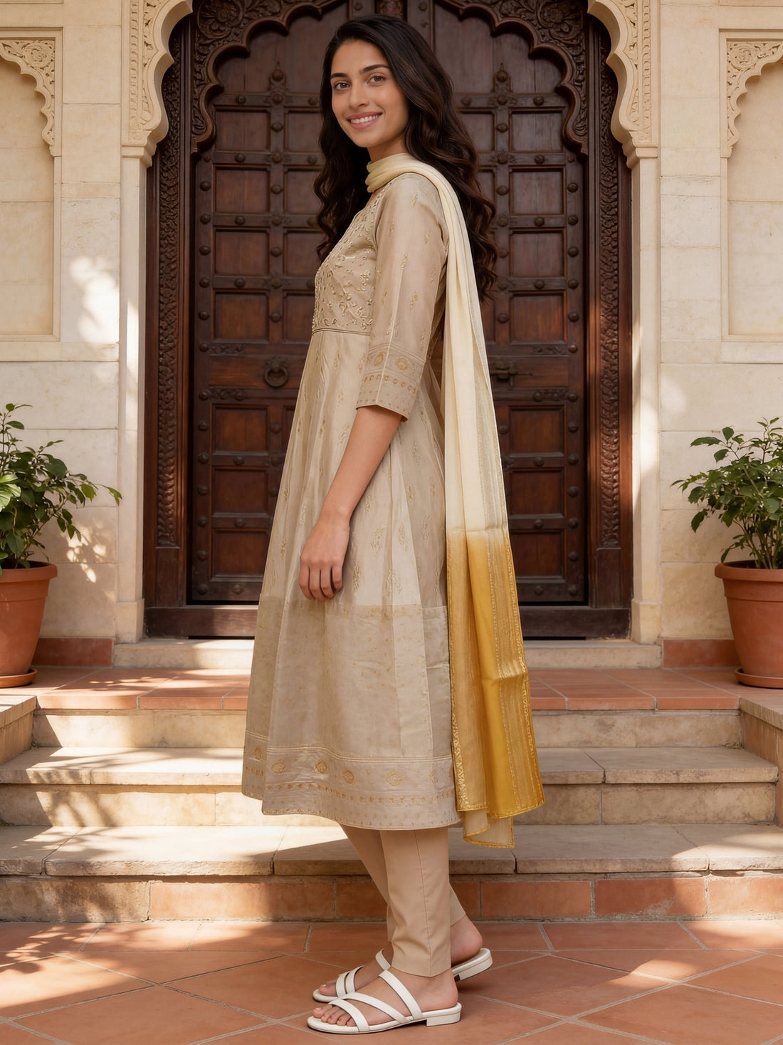 Buy Viscose Embroidered Flared Calf Length Kurta With Pant and Dupatta-Beige