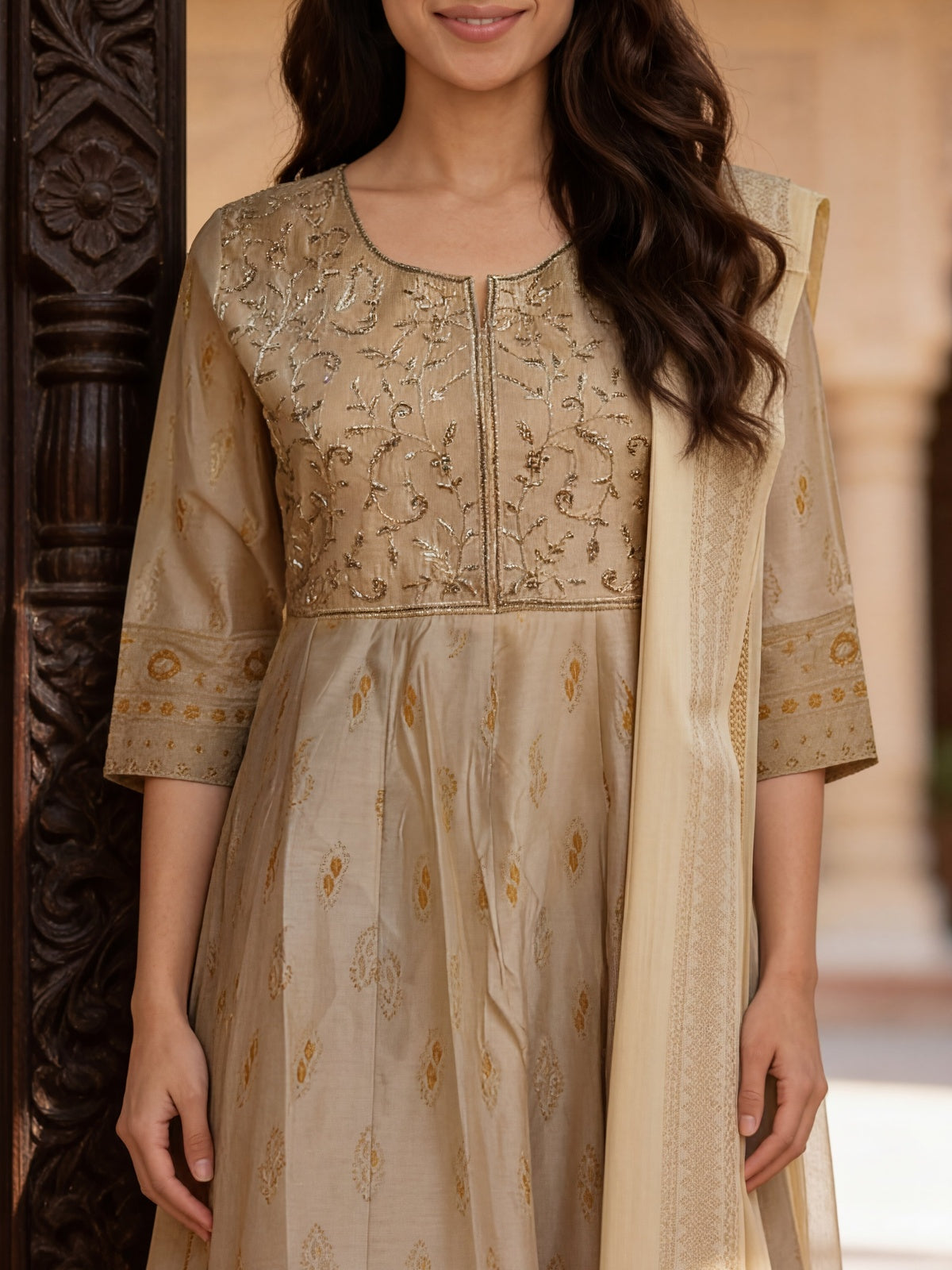 Viscose Embroidered Flared Calf Length Kurta With Pant and Dupatta