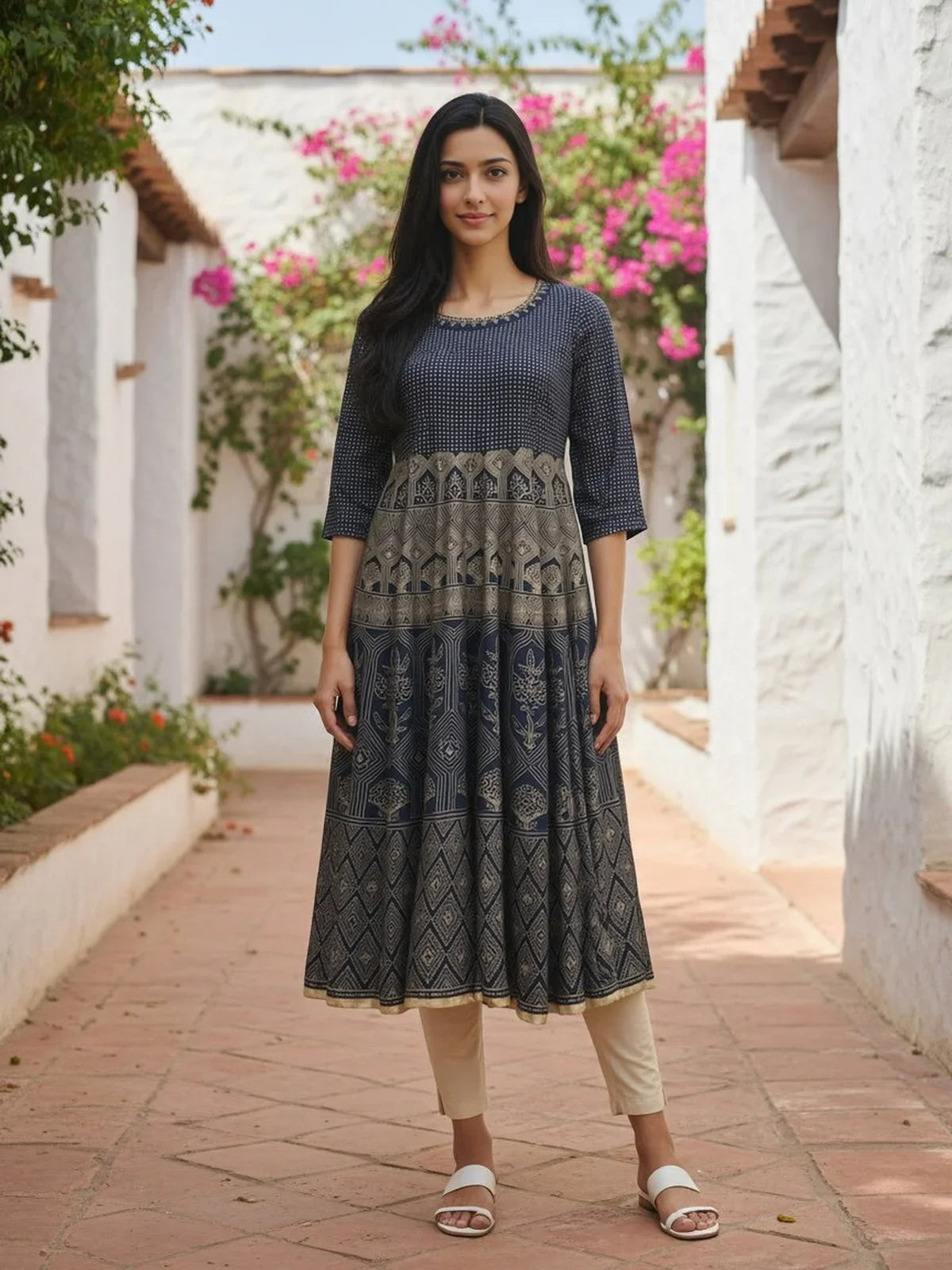 Buy Rayon Embroidered Anarkali Ankle Length Kurta-Blue