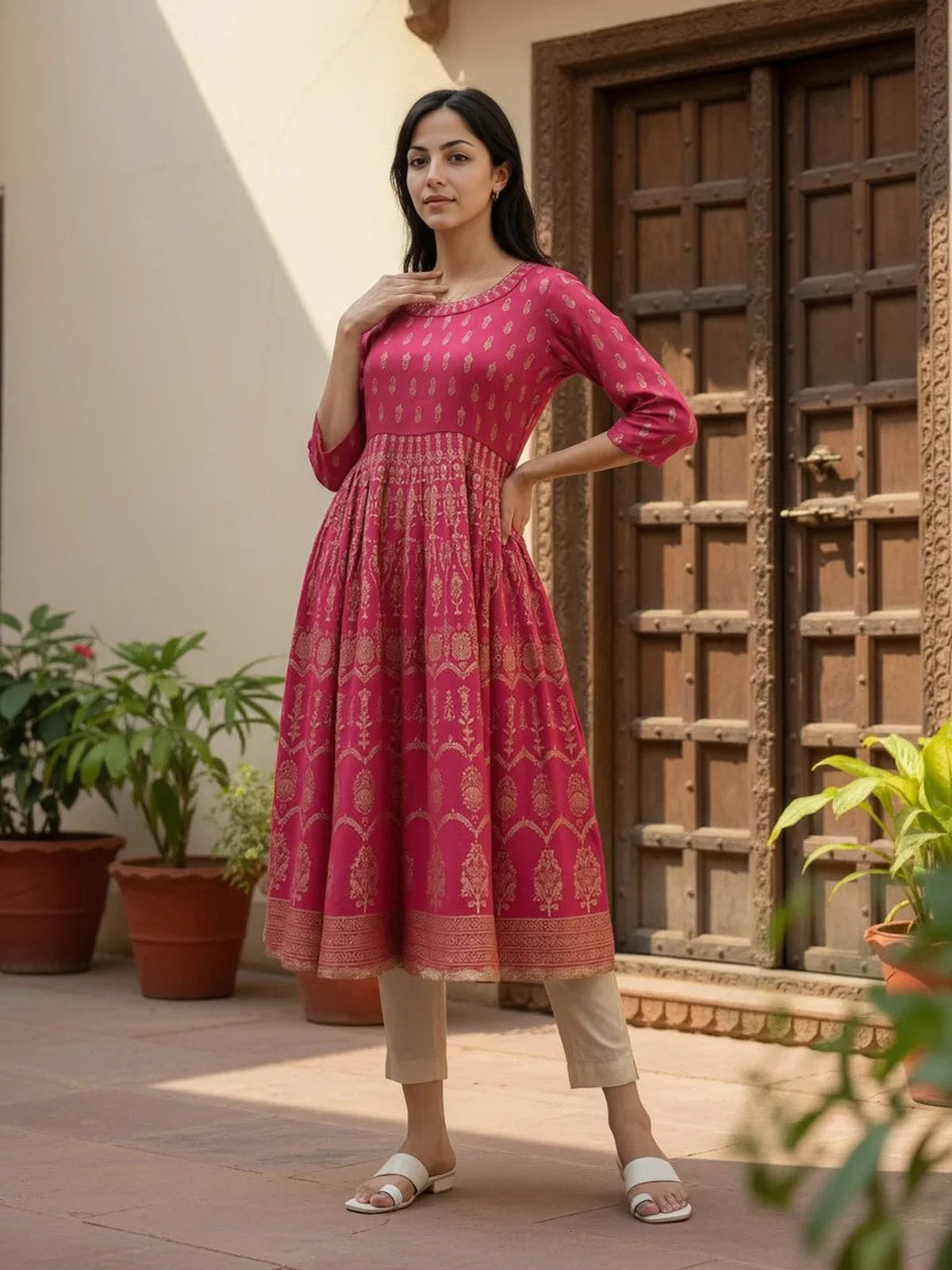 Buy Rayon Embroidered Anarkali Ankle Length Kurta-Pink