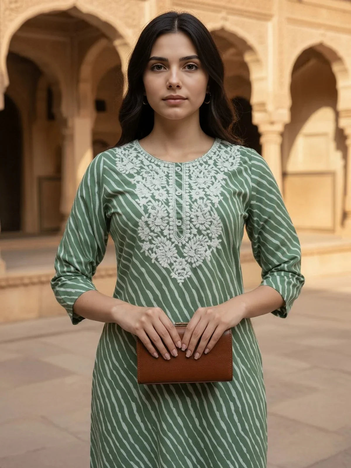 Buy Cotton Embroidered Straight Calf Length Kurta-Green