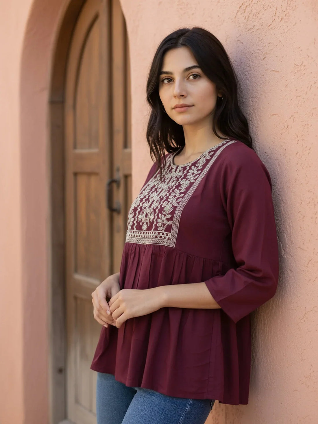 Buy Rayon Embroidered A-Line Short Length Short Kurta-Wine