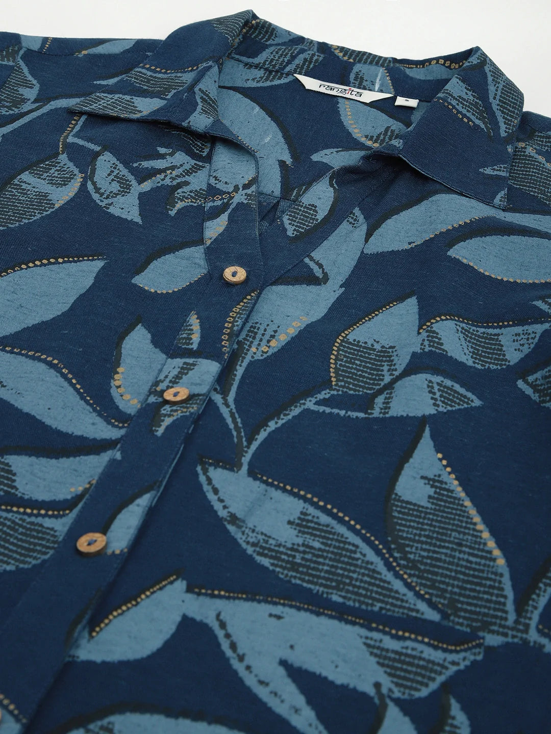 Buy రేయాన్ ప్రింటెడ్ షర్ట్ స్టైల్ కాఫ్ లెంగ్త్ ఎత్నిక్ డ్రెస్-నేవీ