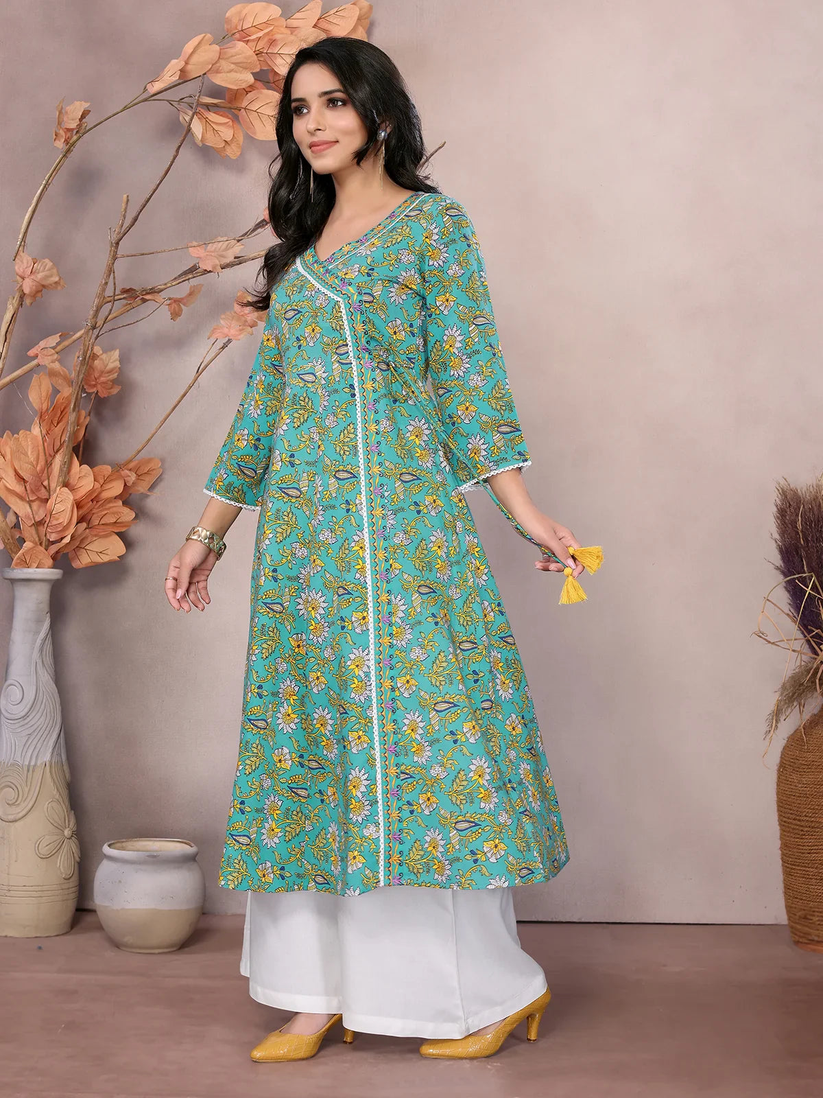 Buy Rayon Printed Calf Length Angarakha Kurta-Green