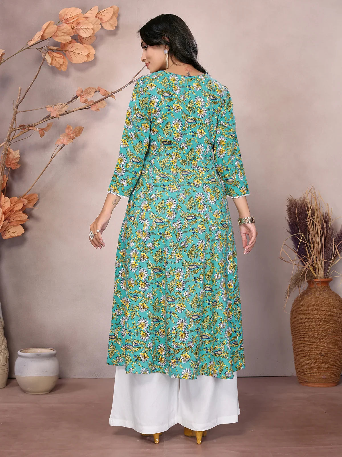 Buy Rayon Printed Calf Length Angarakha Kurta-Green
