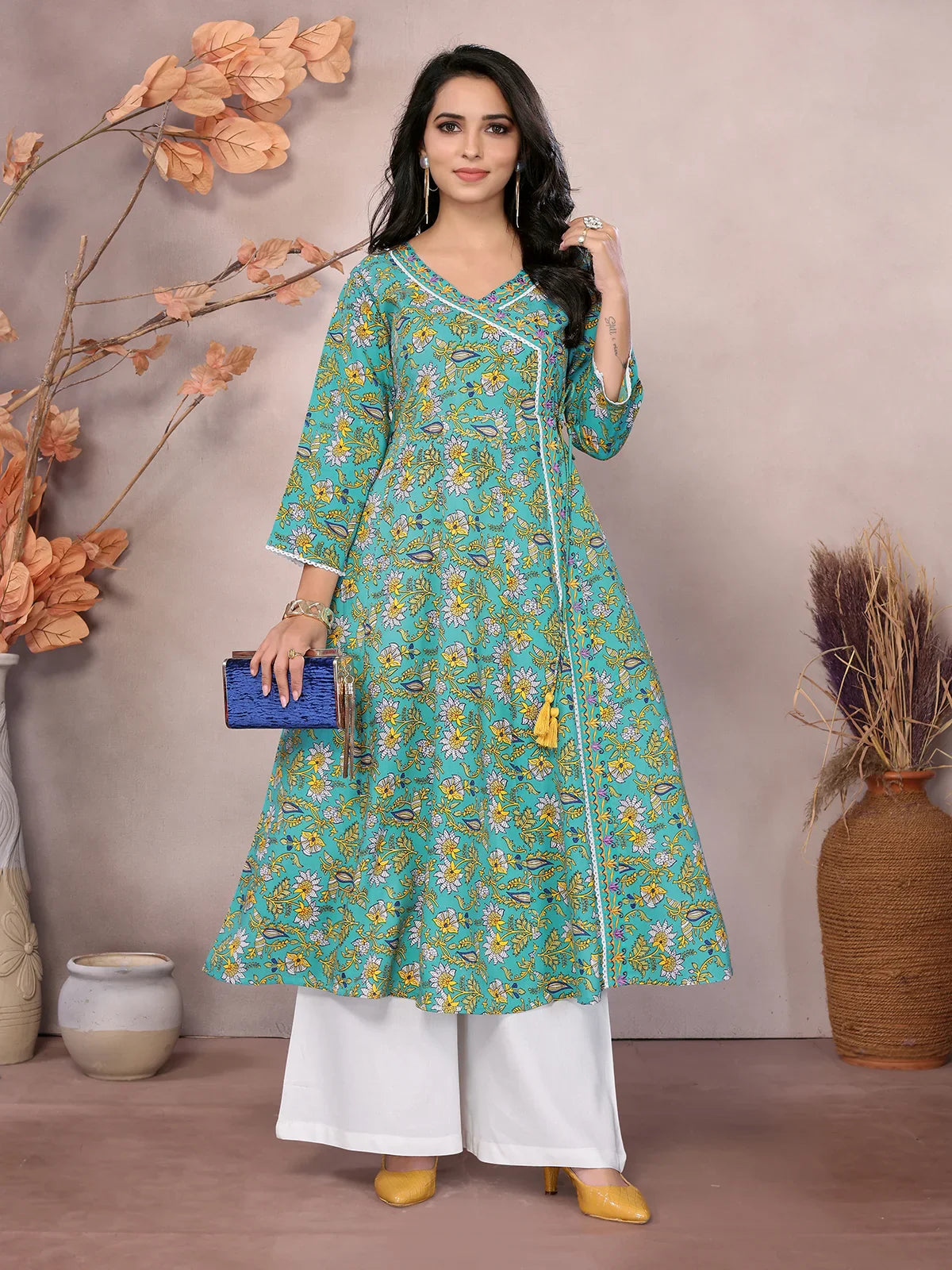 Buy Rayon Printed Calf Length Angarakha Kurta-Green