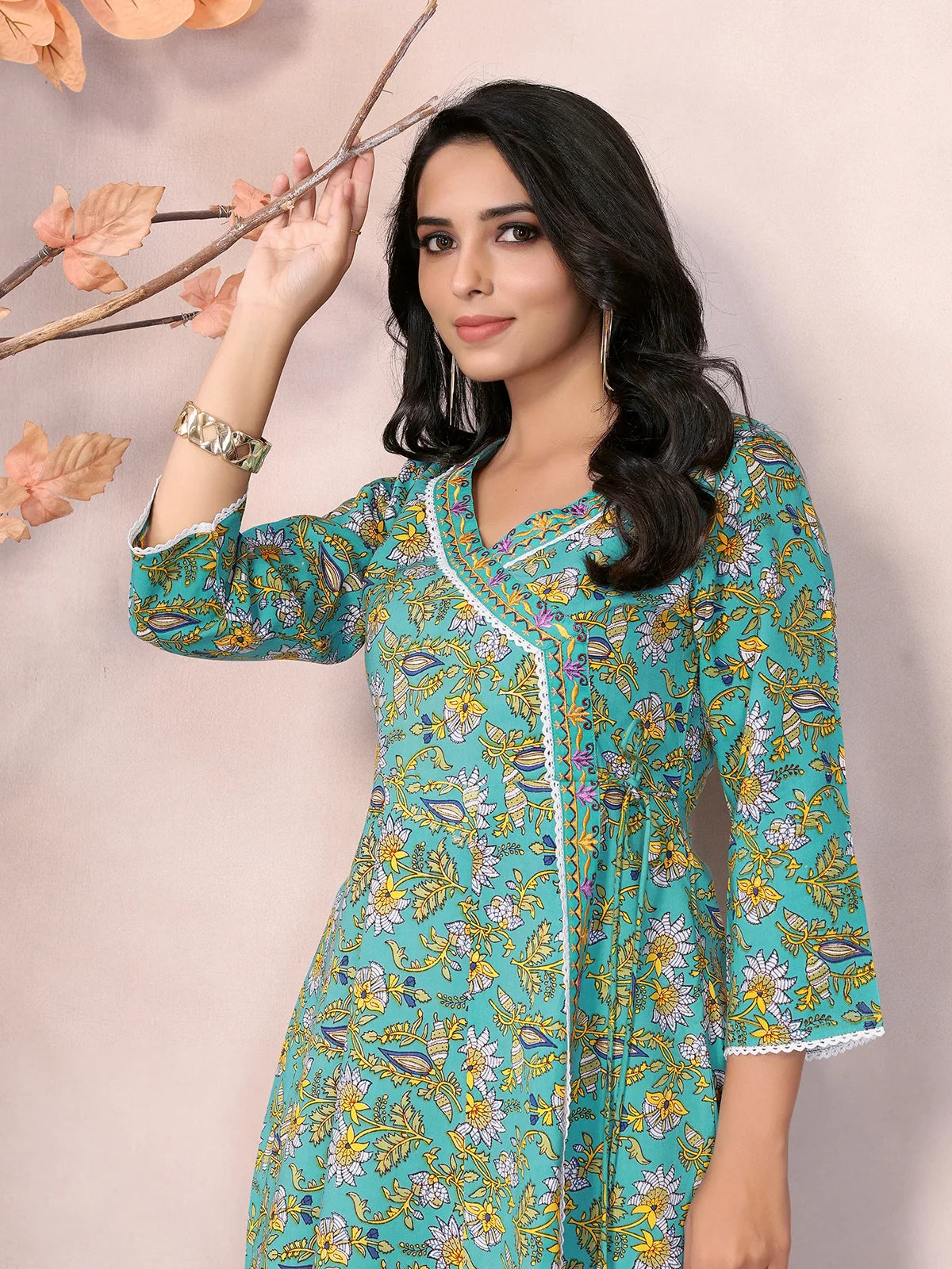 Buy Rayon Printed Calf Length Angarakha Kurta-Green