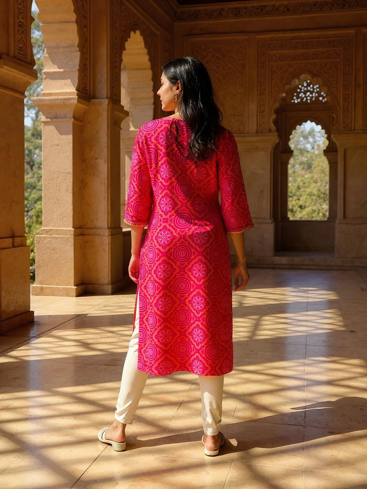 Buy Chanderi Embroidered A-Line Calf Length Kurta-Pink