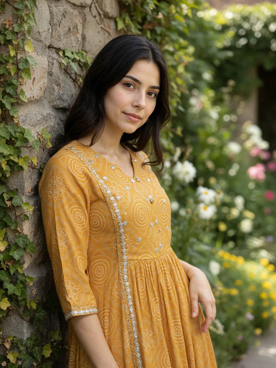 Buy Chanderi Embroidered A-Line Calf Length Kurta-Mustard