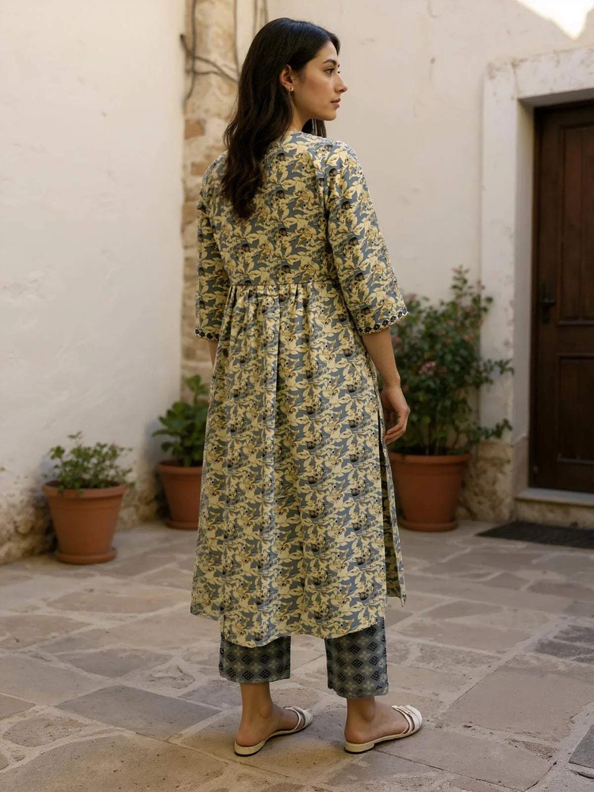 Buy Poly Cotton Embroidered Straight Calf Length Kurta with Pant and Dupatta-Grey