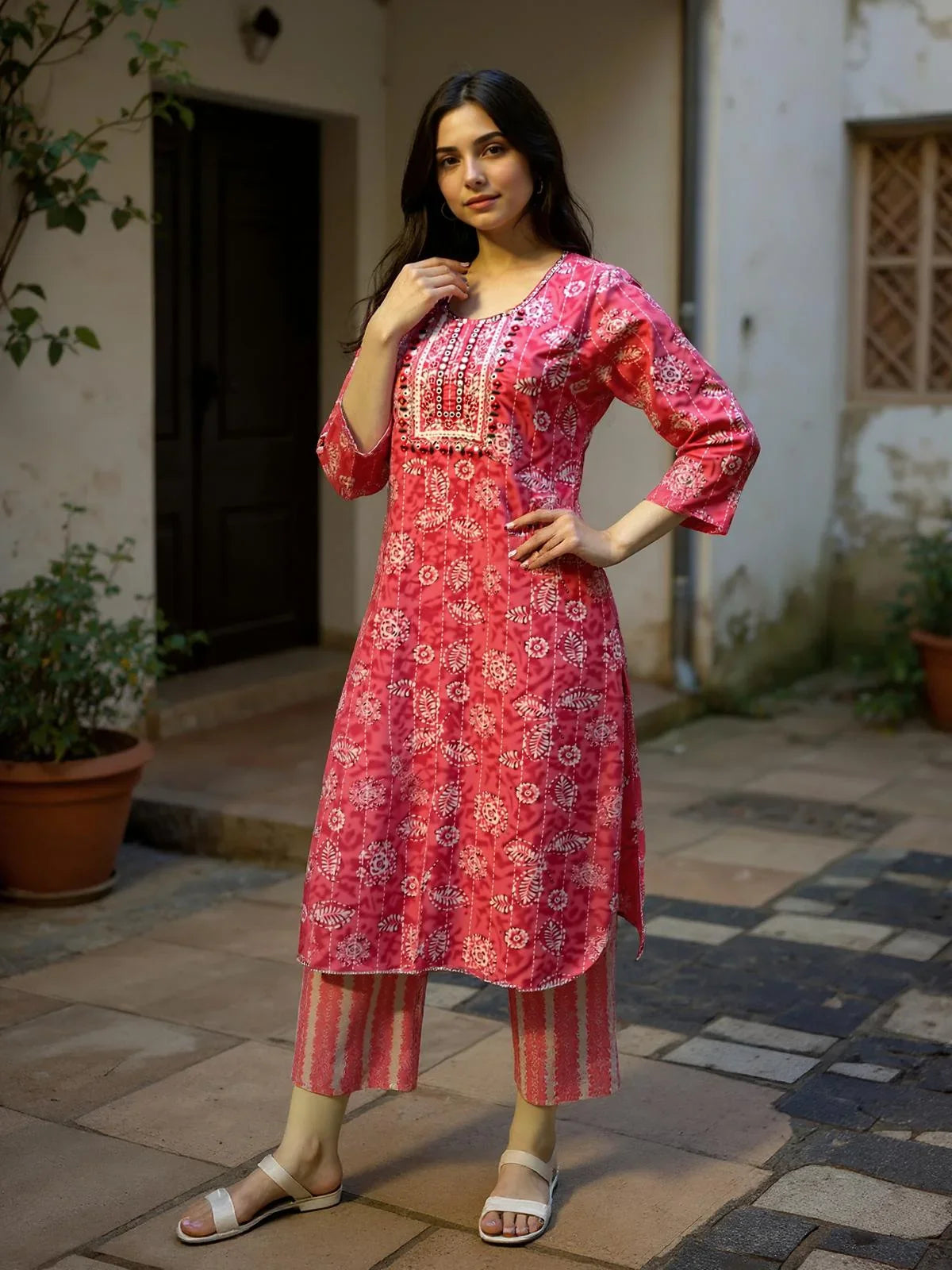 Buy Poly Cotton Embroidered Straight Calf Length Kurta with Pant and Dupatta-Pink