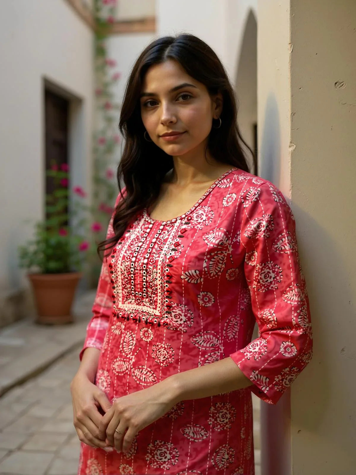 Buy Poly Cotton Embroidered Straight Calf Length Kurta with Pant and Dupatta-Pink