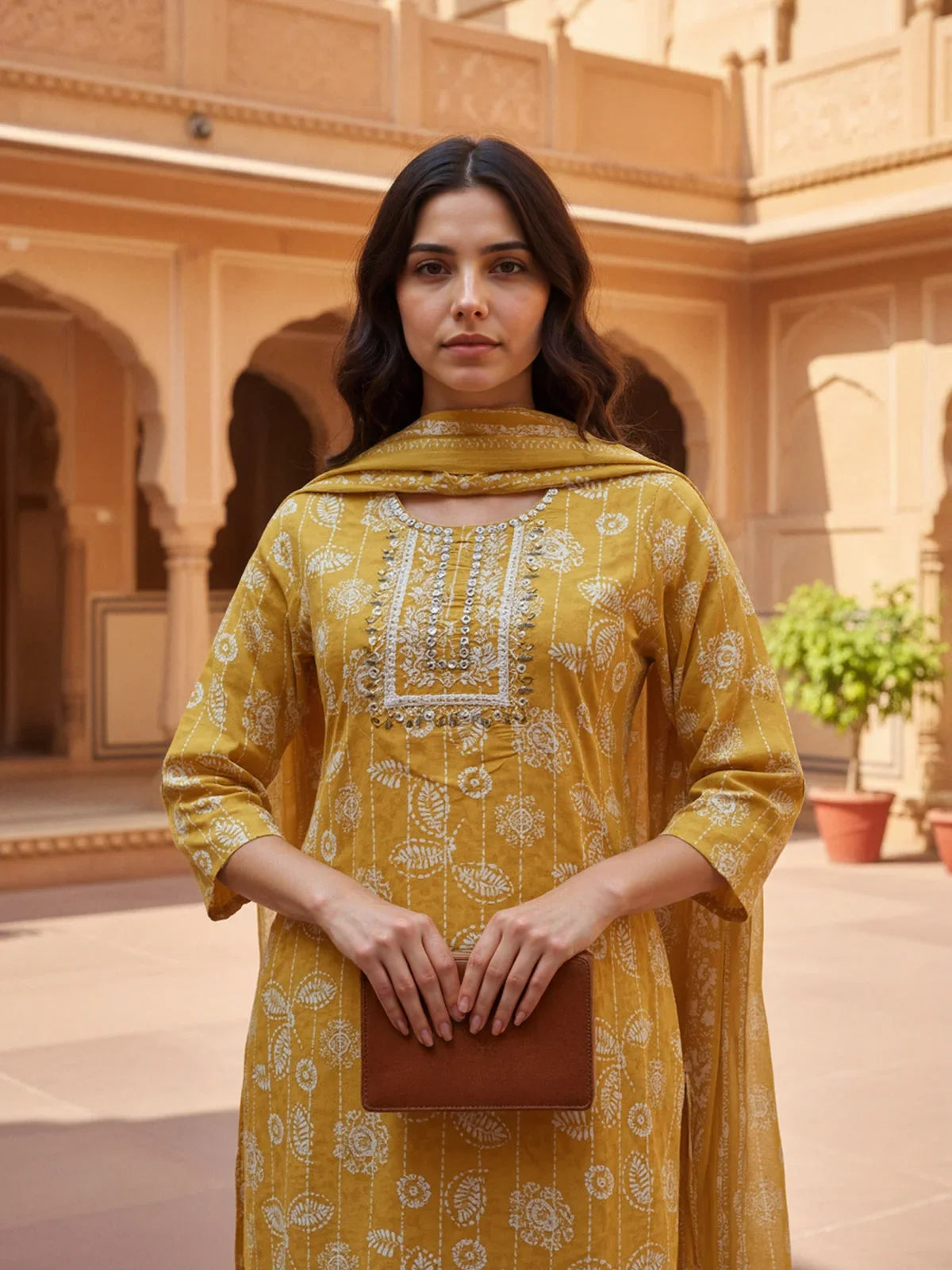Buy Poly Cotton Embroidered Straight Calf Length Kurta with Pant and Dupatta-Mustard