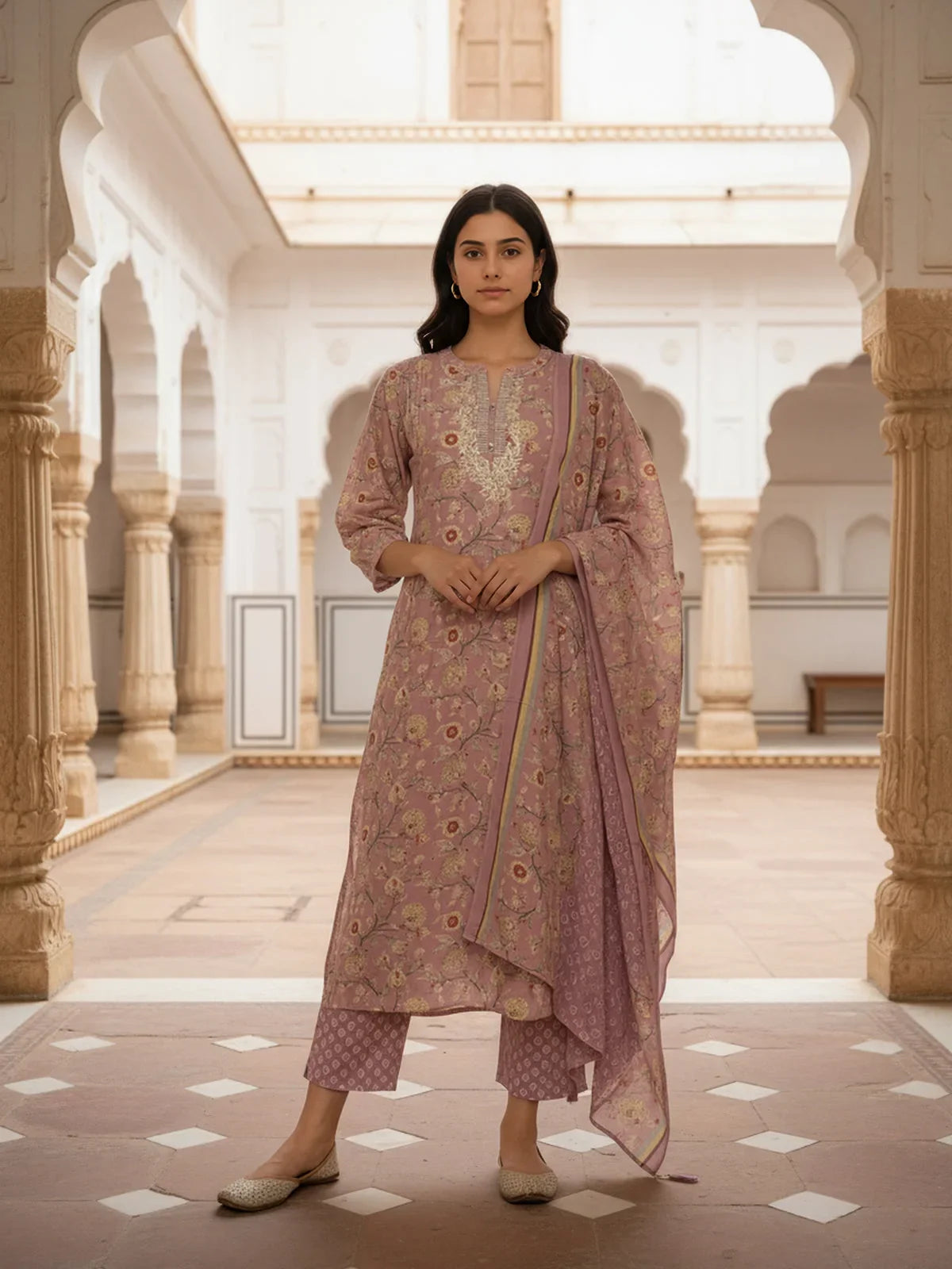 Buy Poly Cotton Embroidered Straight Calf Length Kurta with Pant and Dupatta-Mauve