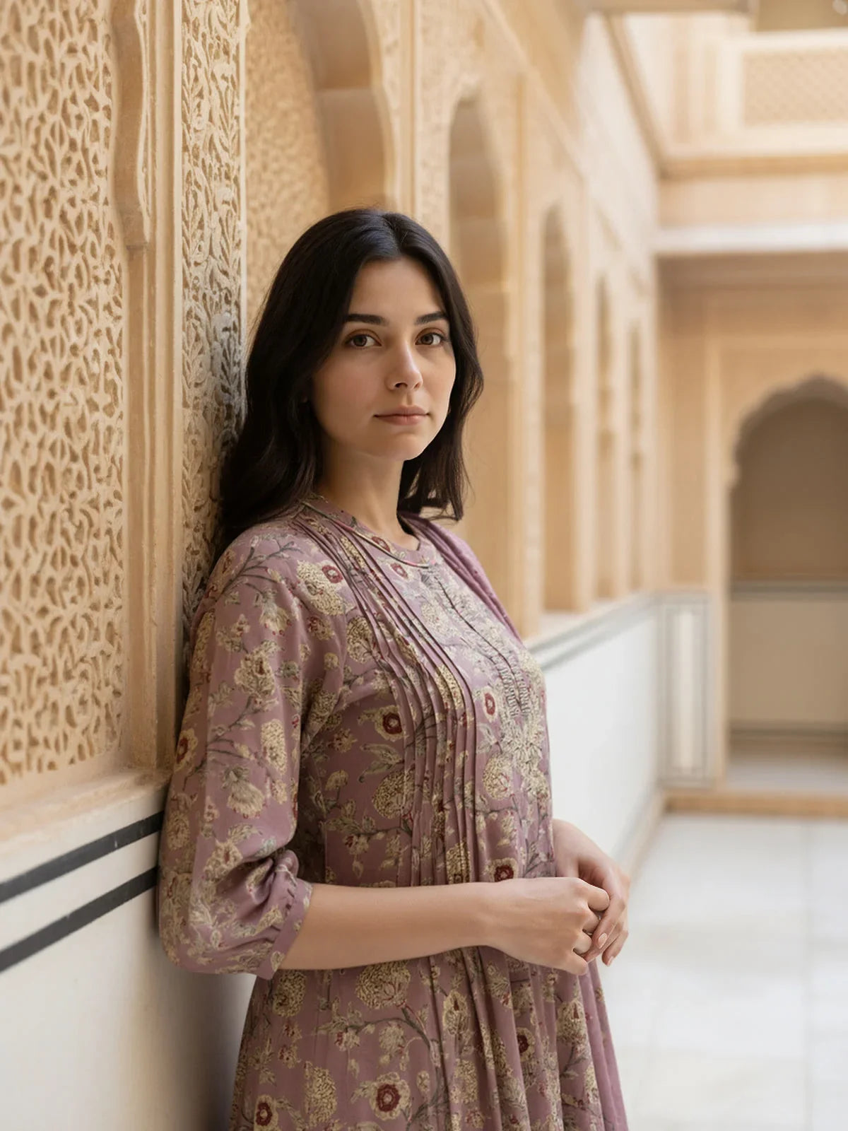 Buy Poly Cotton Embroidered Straight Calf Length Kurta with Pant and Dupatta-Mauve