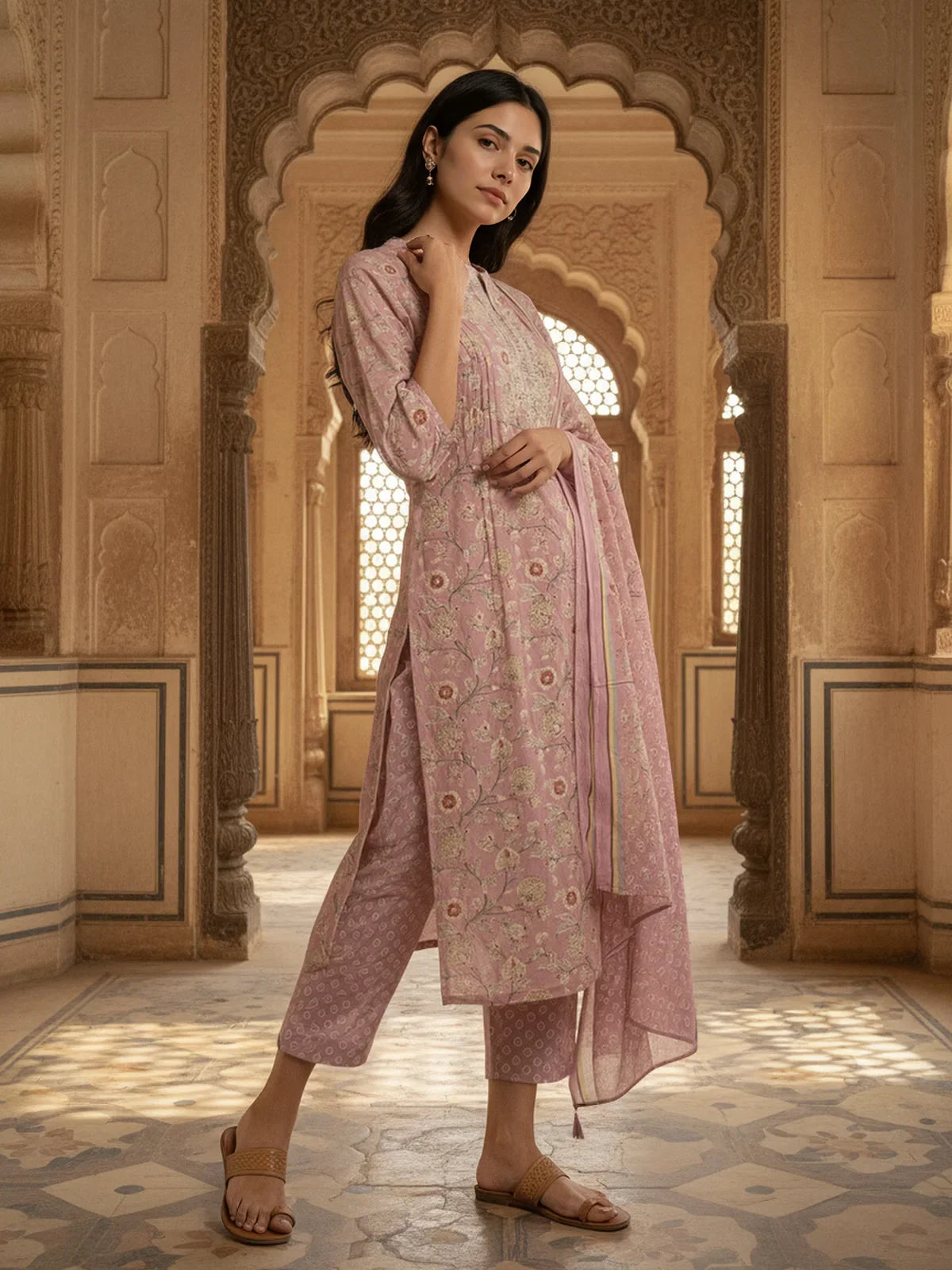 Buy Poly Cotton Embroidered Straight Calf Length Kurta with Pant and Dupatta-Mauve