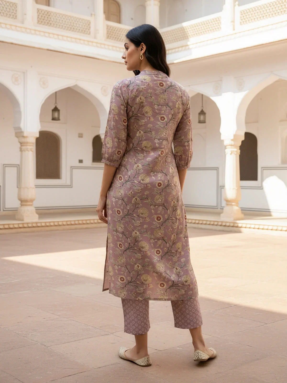 Buy Poly Cotton Embroidered Straight Calf Length Kurta with Pant and Dupatta-Mauve