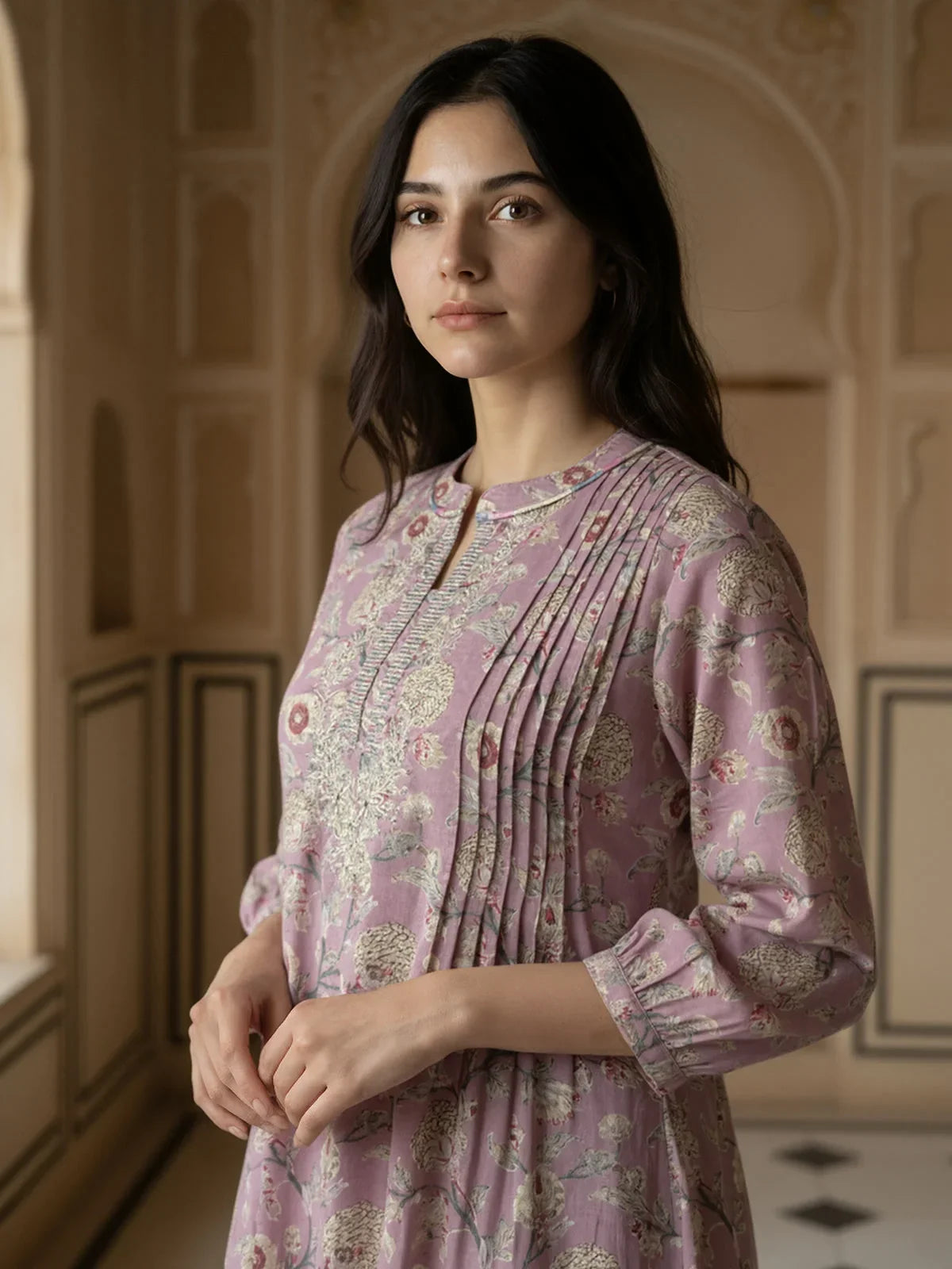 Buy Poly Cotton Embroidered Straight Calf Length Kurta with Pant and Dupatta-Mauve