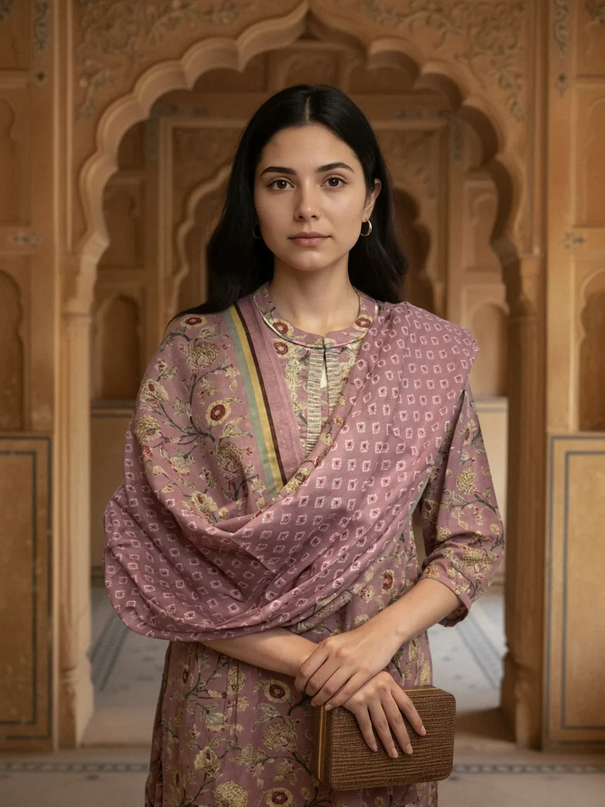 Buy Poly Cotton Embroidered Straight Calf Length Kurta with Pant and Dupatta-Mauve