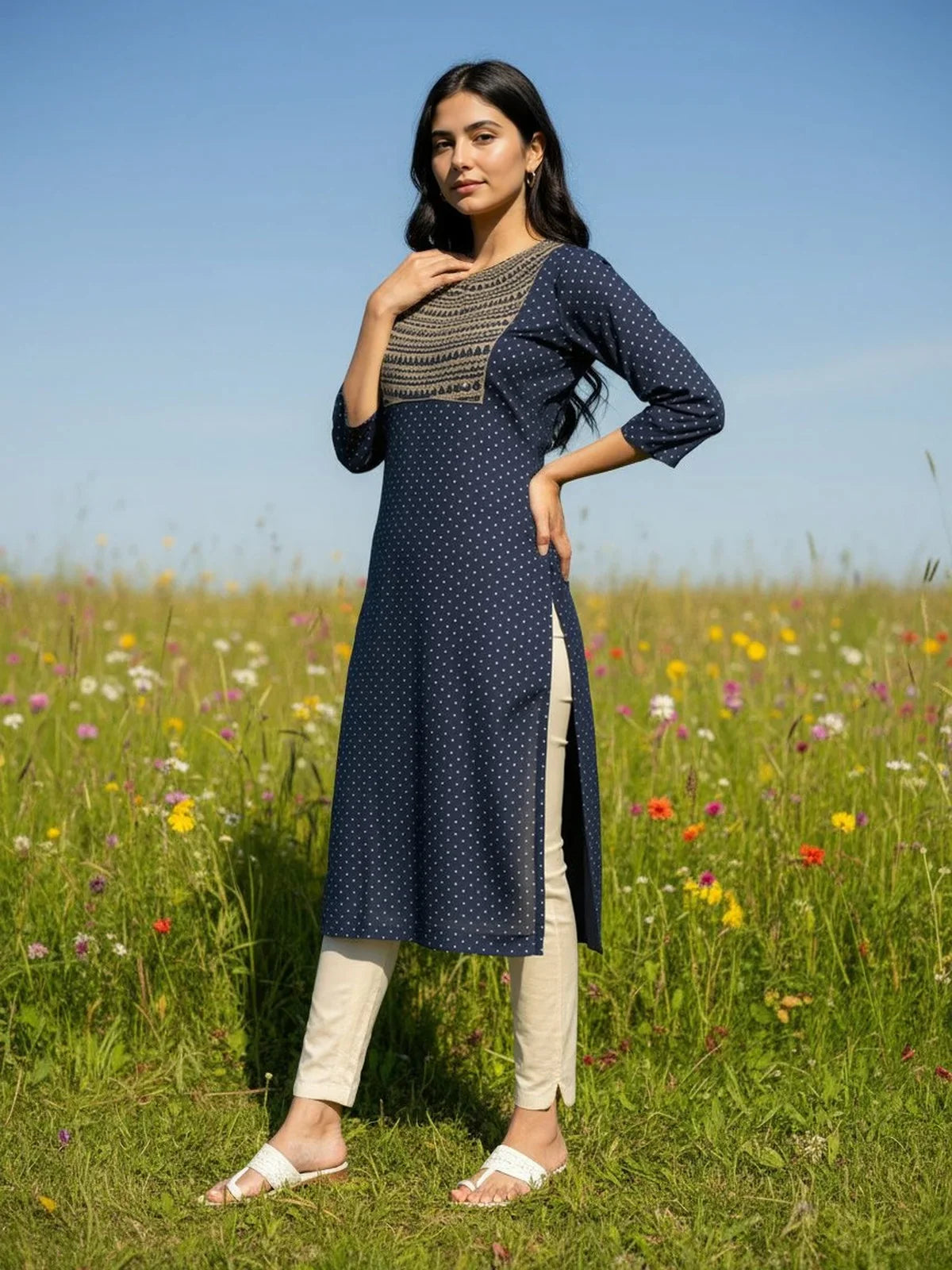 Buy Rayon Embroidered Straight Calf Length Kurta-Navy Blue