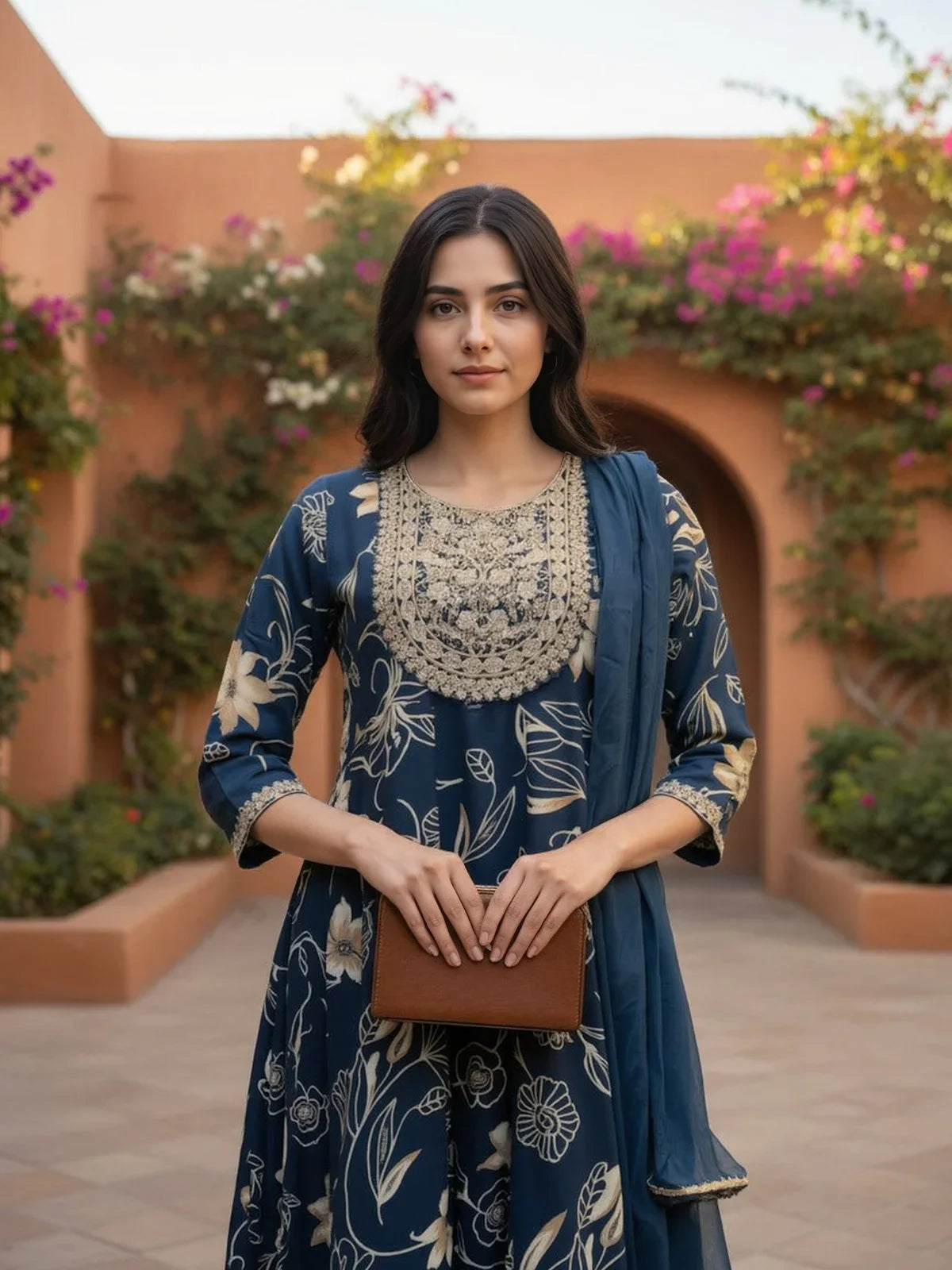 Buy Rayon Embroidered Anarkali Calf Length Salwar Suit-Navy Blue
