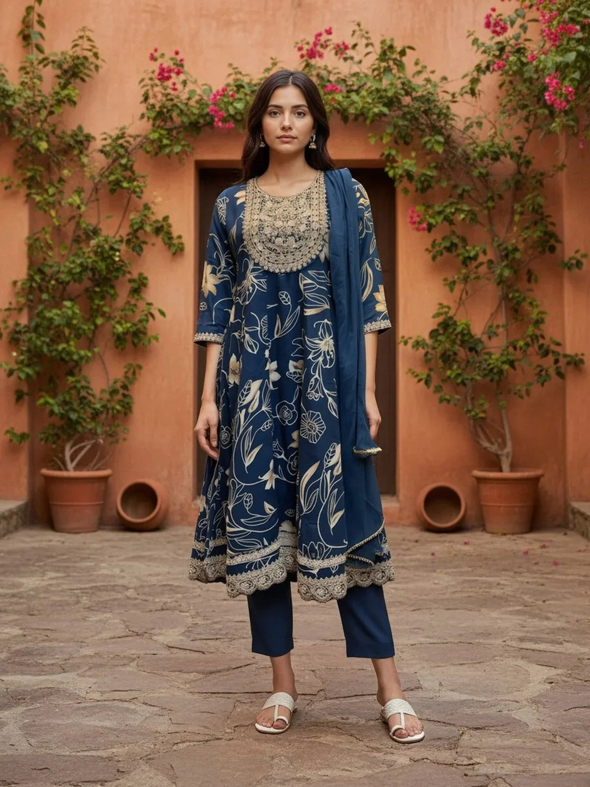Buy Rayon Embroidered Anarkali Calf Length Salwar Suit-Navy Blue