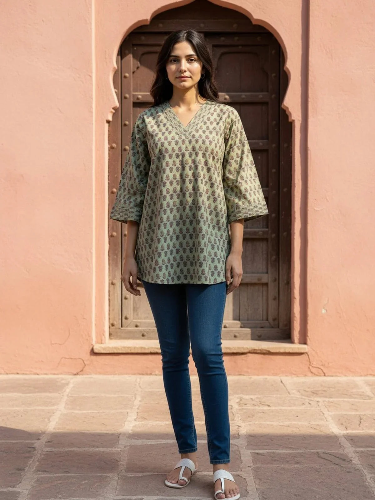 Buy Cotton Printed Straight Short Length Short Kurti-Green