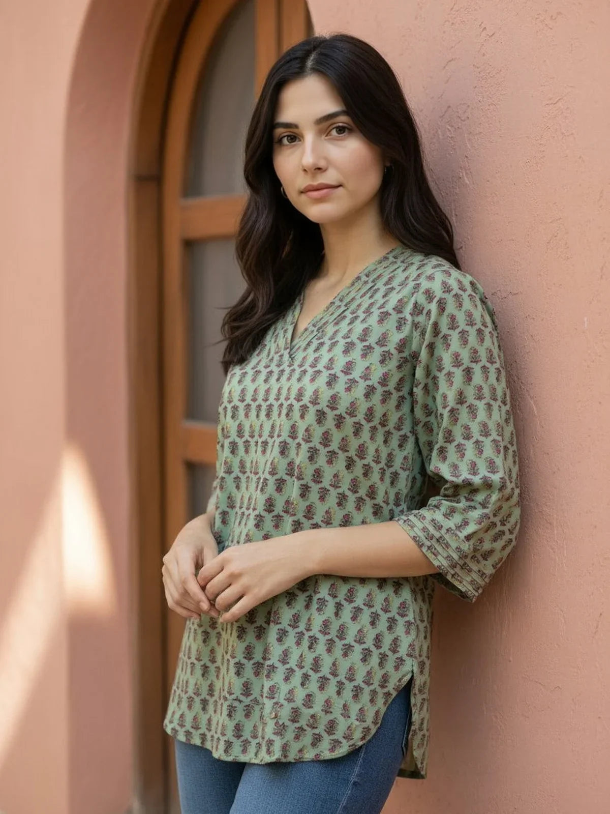 Buy Cotton Printed Straight Short Length Short Kurti-Green