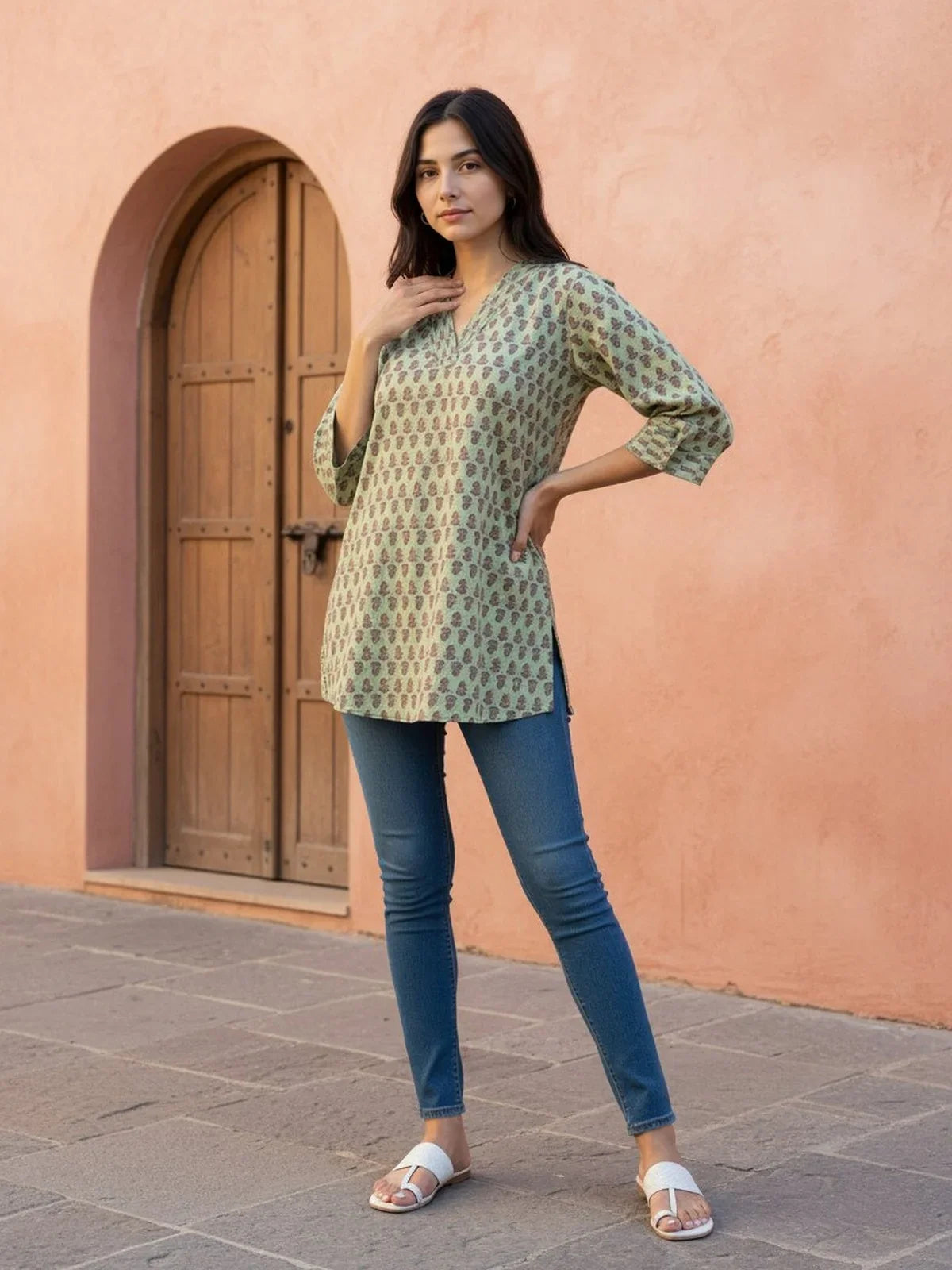 Buy Cotton Printed Straight Short Length Short Kurti-Green