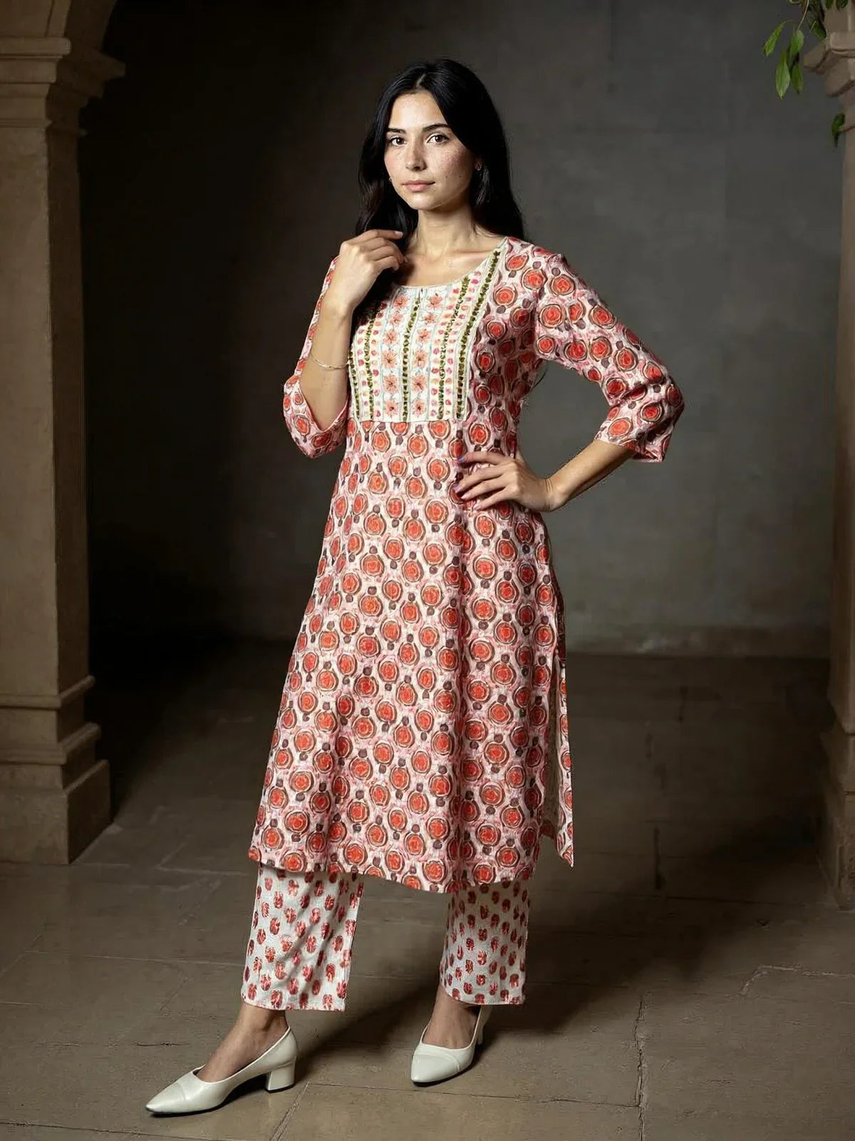 Buy Rayon Embroidered Straight Calf Length Kurta with Pant-Orange