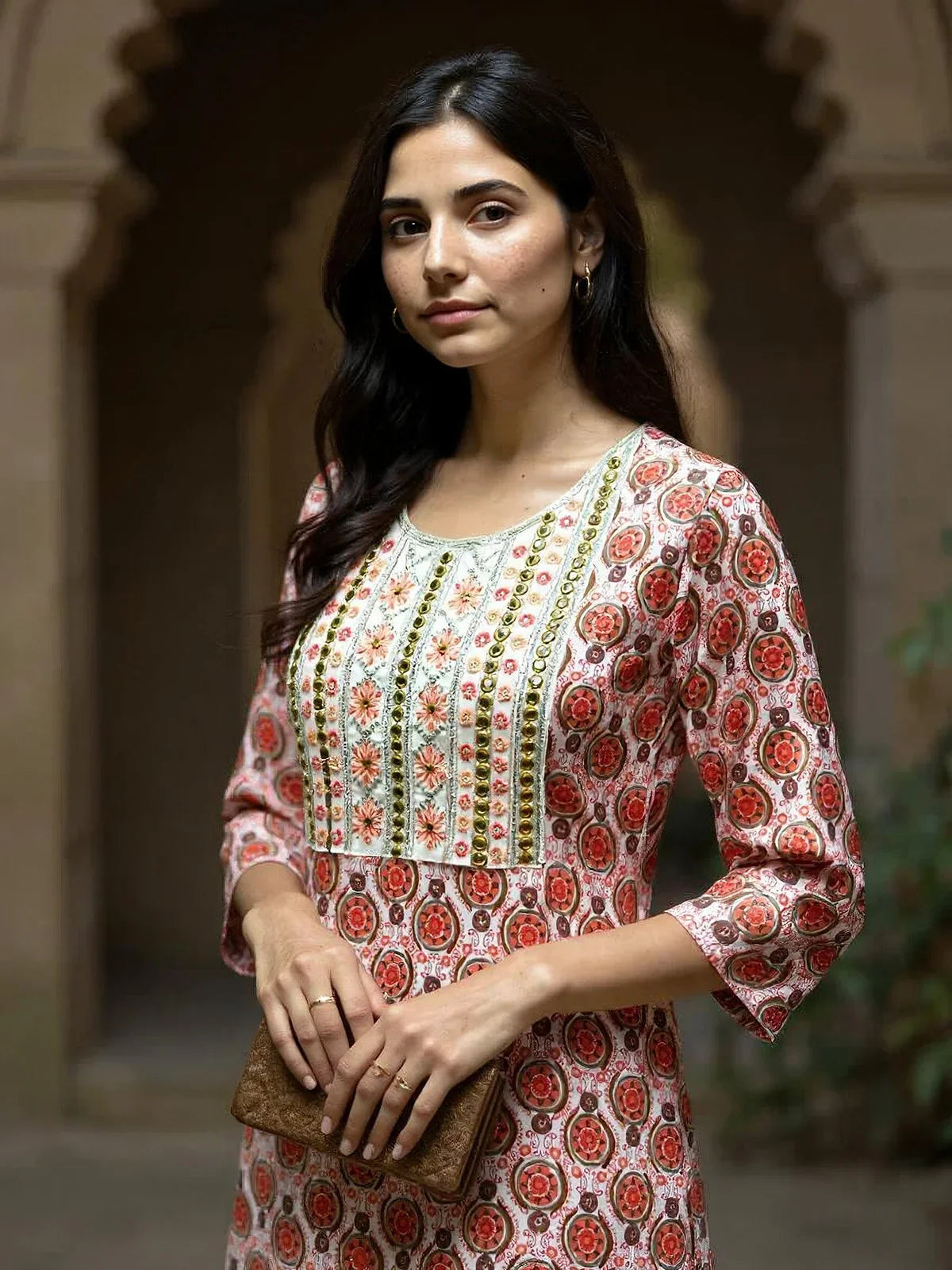 Buy Rayon Embroidered Straight Calf Length Kurta with Pant-Orange