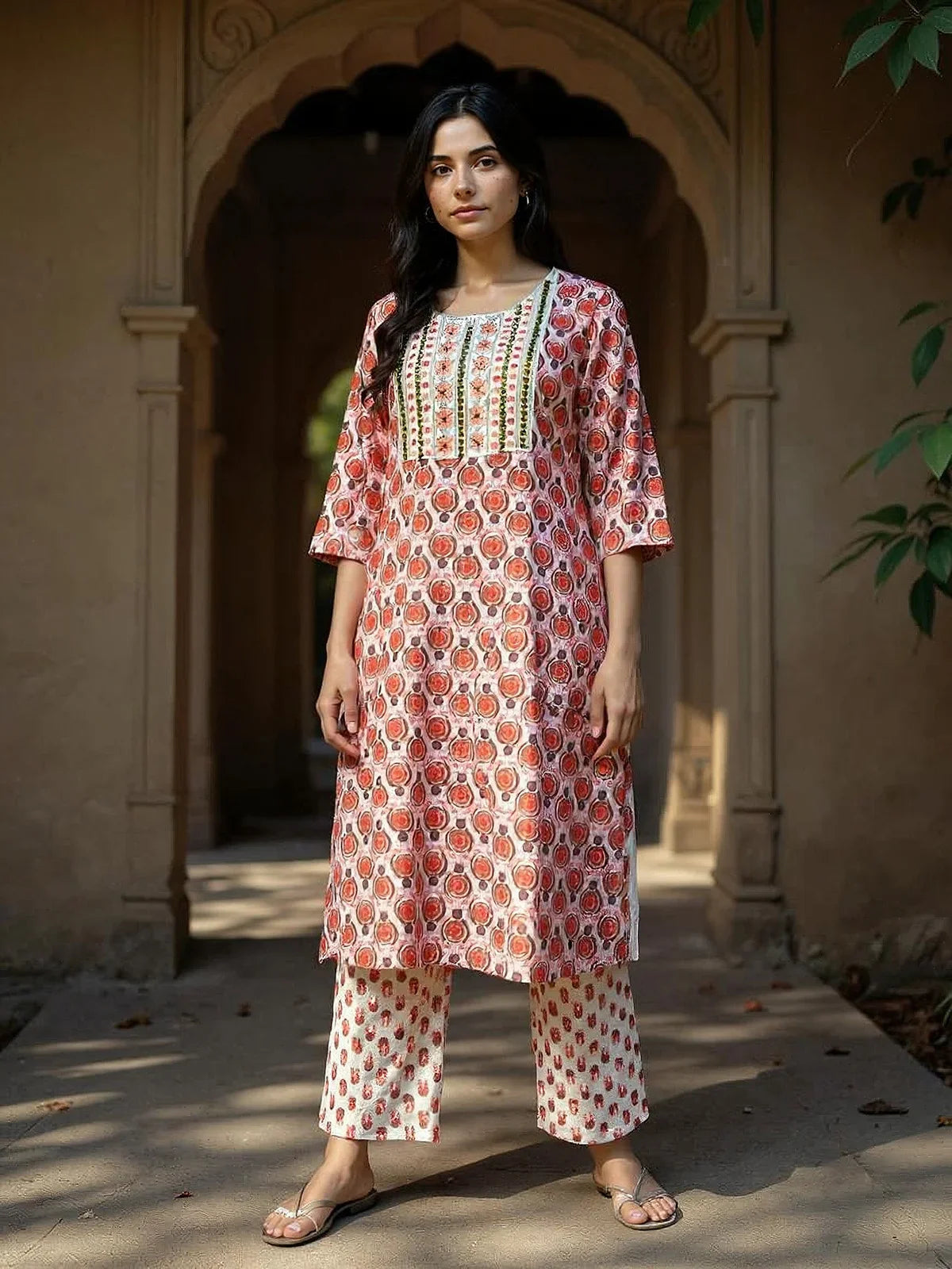 Buy Rayon Embroidered Straight Calf Length Kurta with Pant-Orange