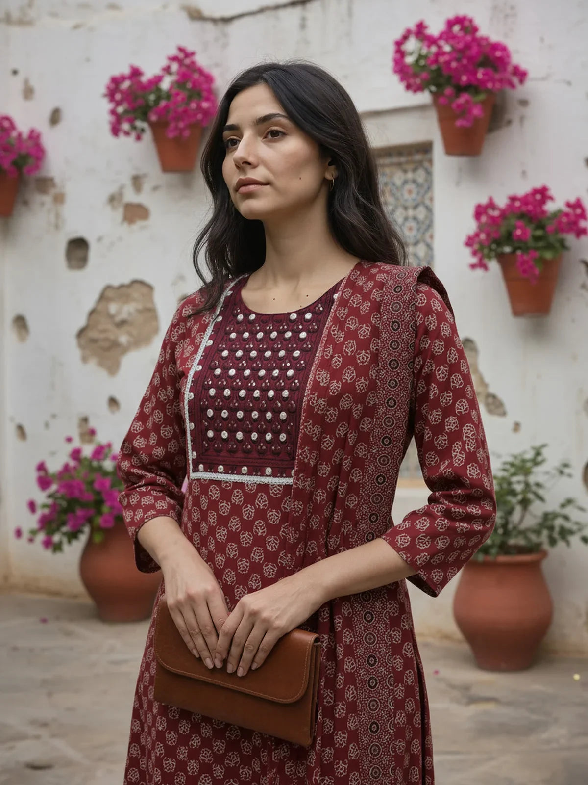 Buy Cotton Embroidered Straight Calf Length Kurta with Pant and Dupatta-Red