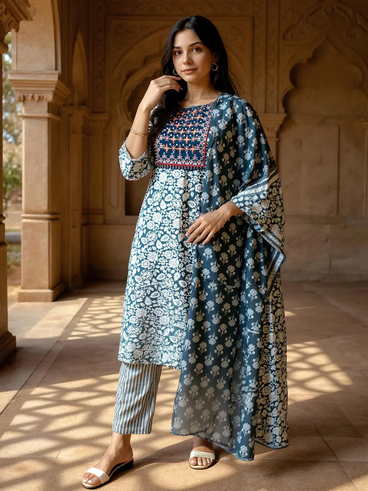 Buy Rayon Embroidered Straight Calf Length Kurta with Pant and Dupatta-Grey