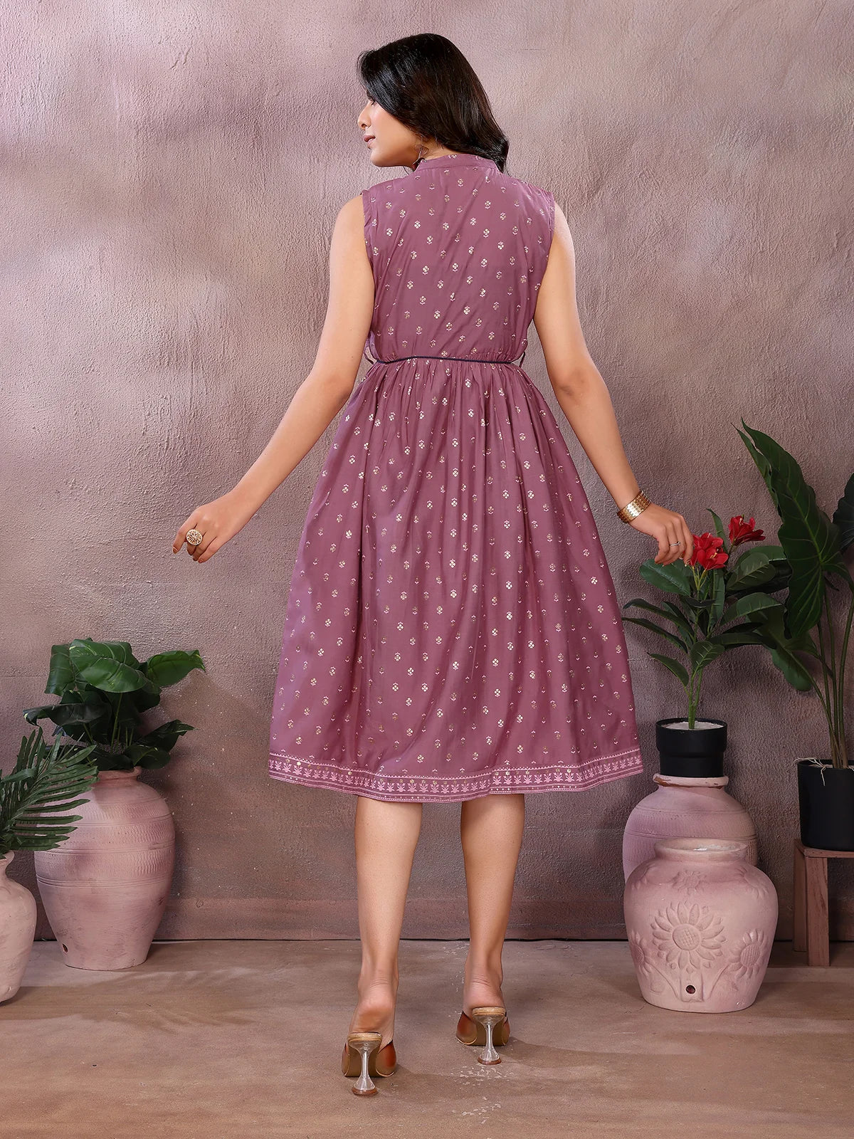 Buy Viscose Poly Printed Flared Calf Length Dress-Mauve