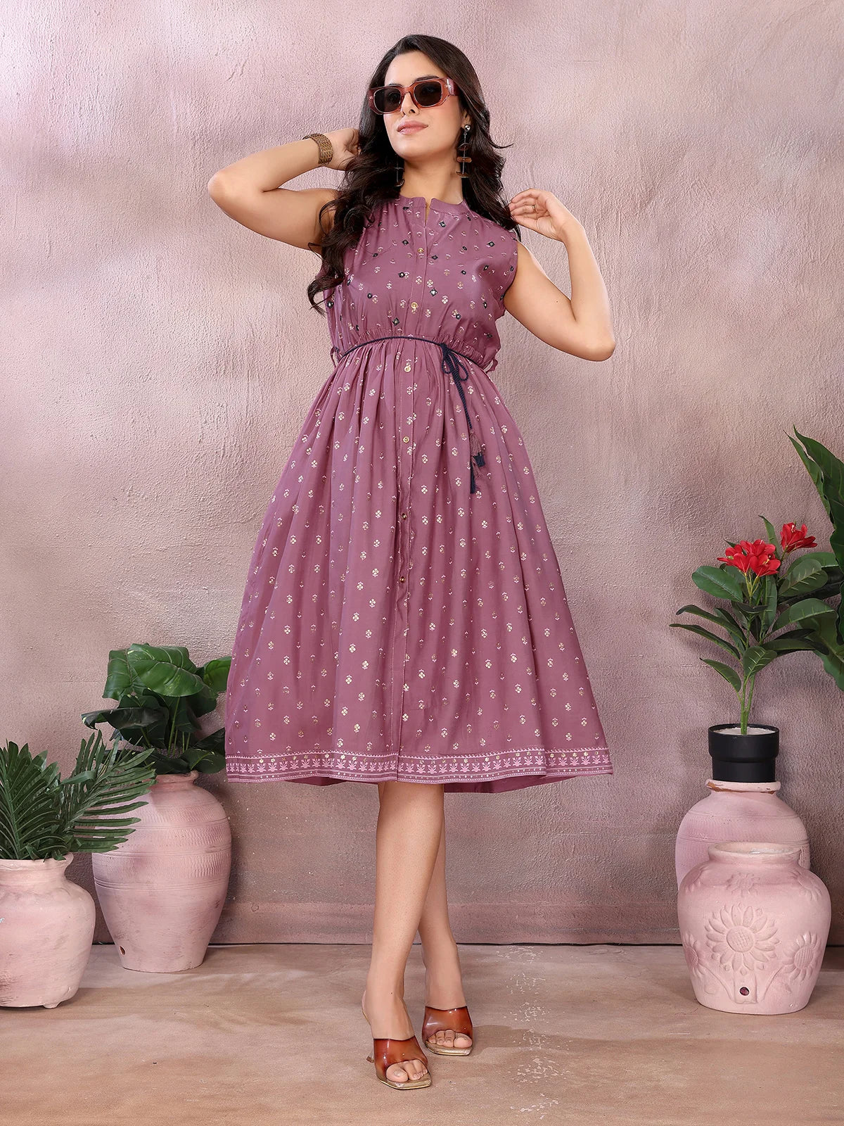 Buy Viscose Poly Printed Flared Calf Length Dress-Mauve