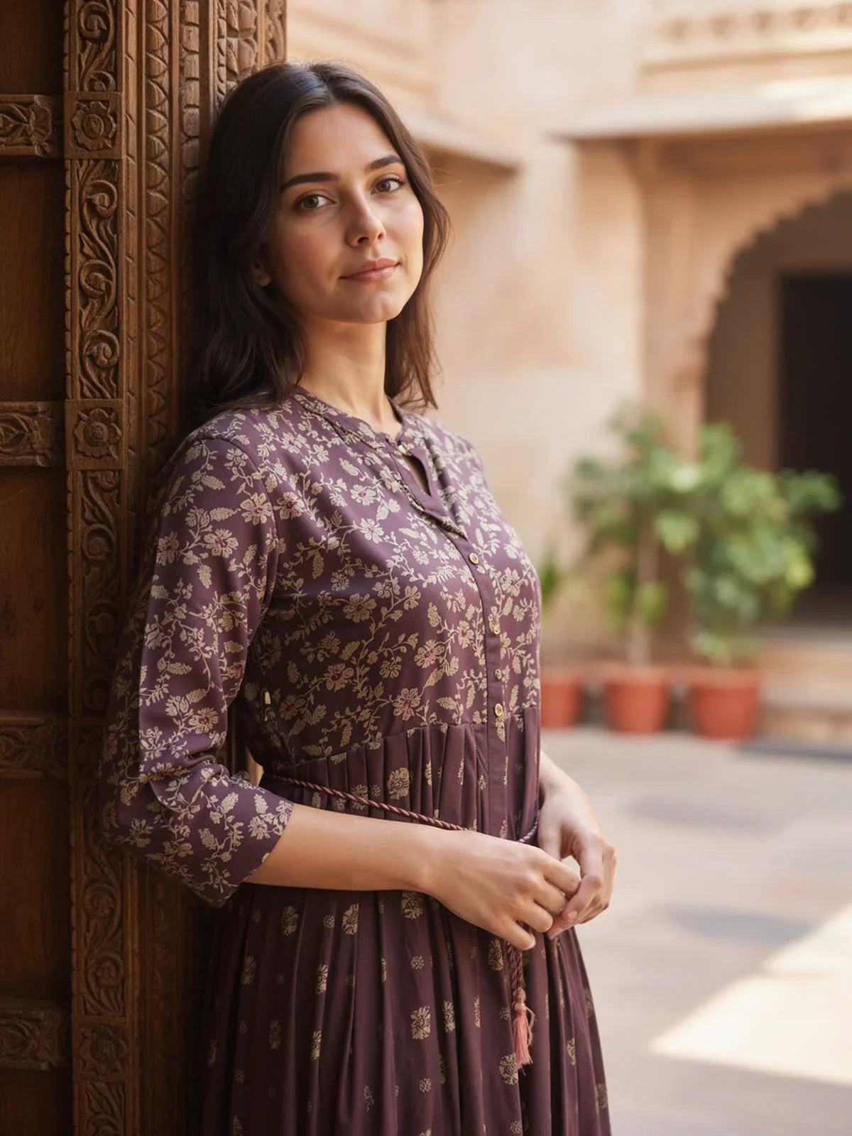 Buy Rayon Printed Flared Calf Length Dress-Brown