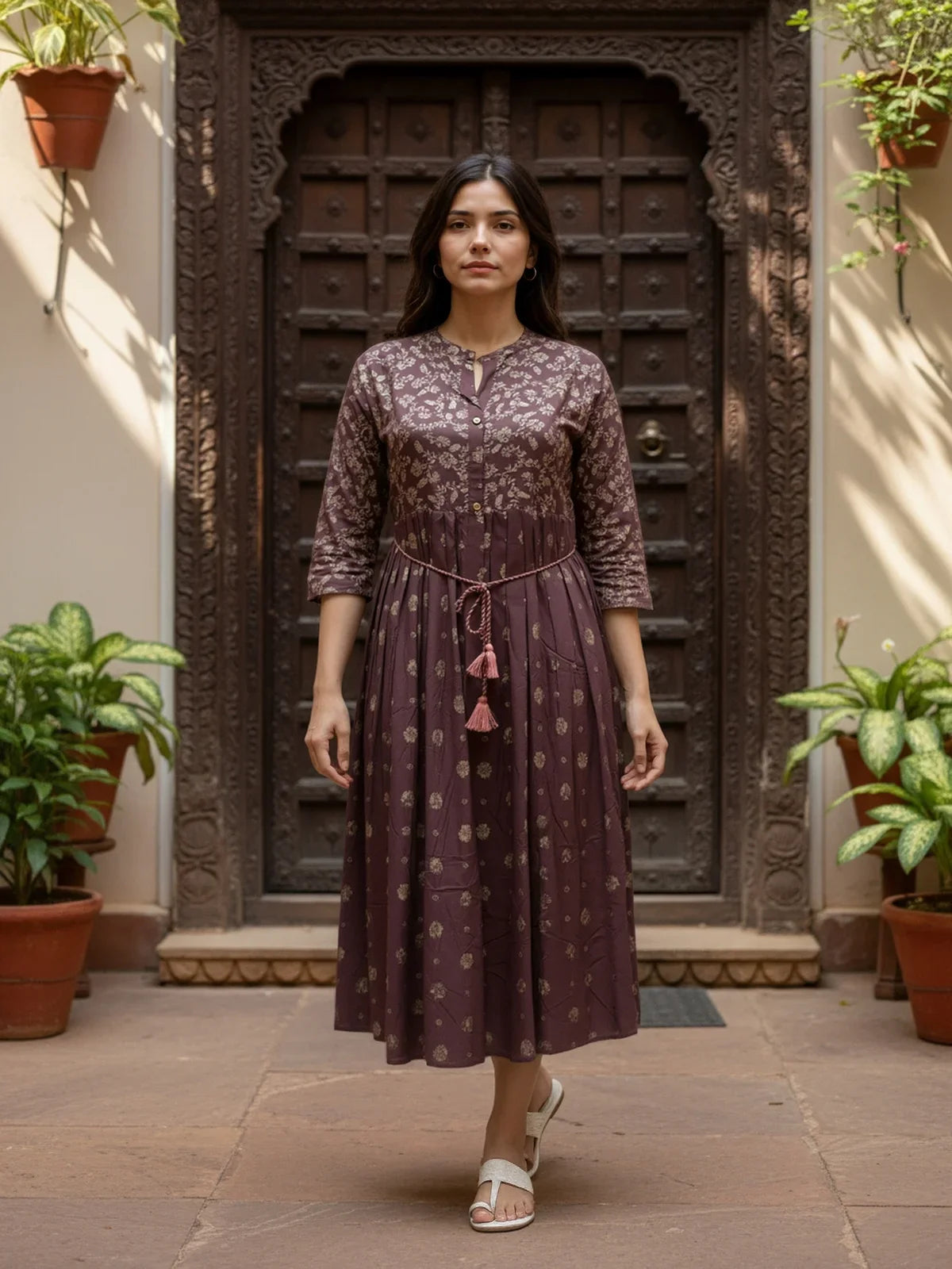Buy Rayon Printed Flared Calf Length Dress-Brown