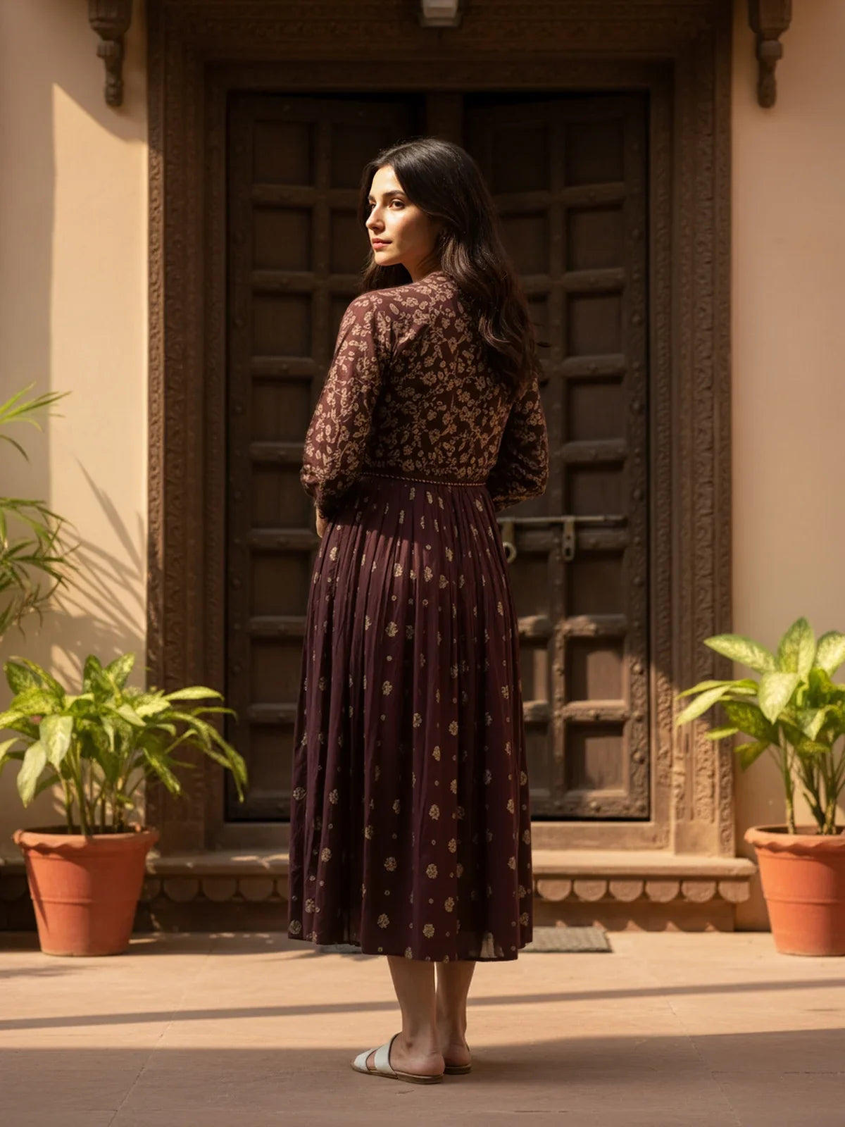 Buy Rayon Printed Flared Calf Length Dress-Brown