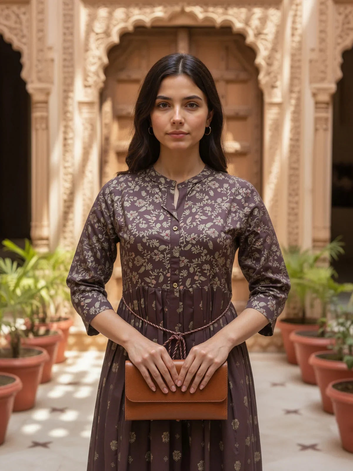 Buy Rayon Printed Flared Calf Length Dress-Brown