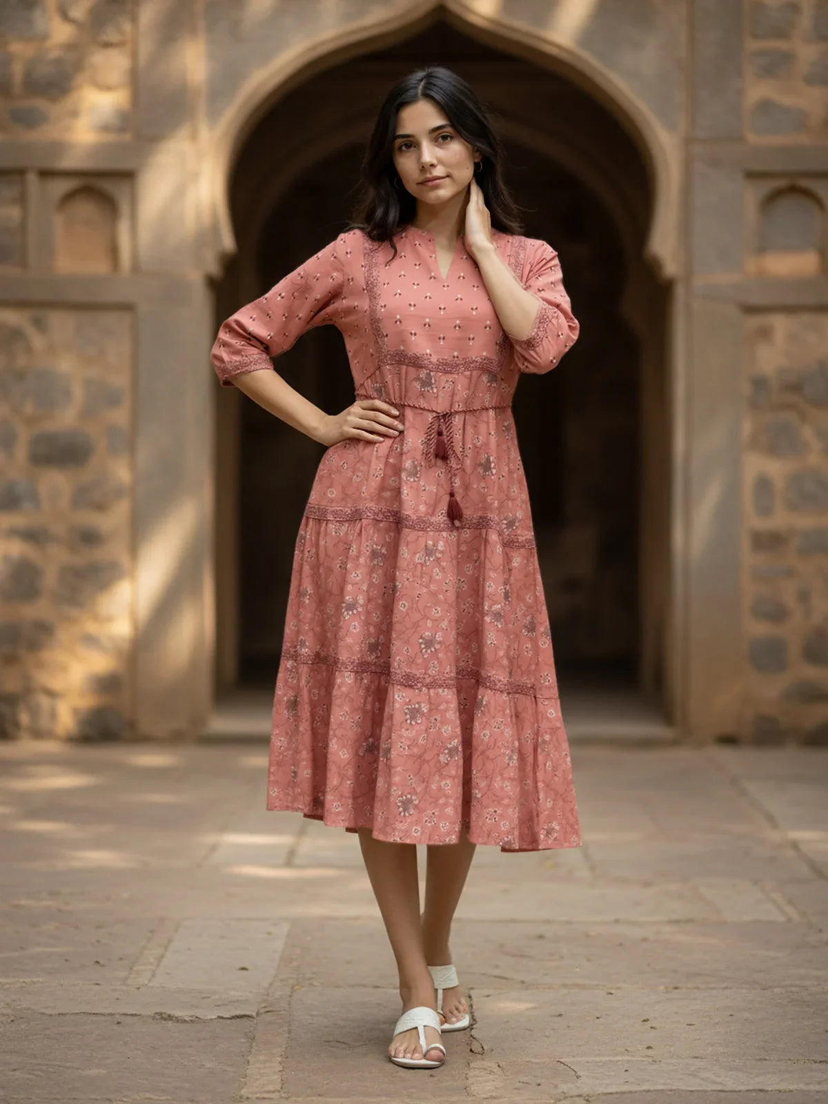 Buy Viscose Poly Printed Flared Calf Length Dress-Pink