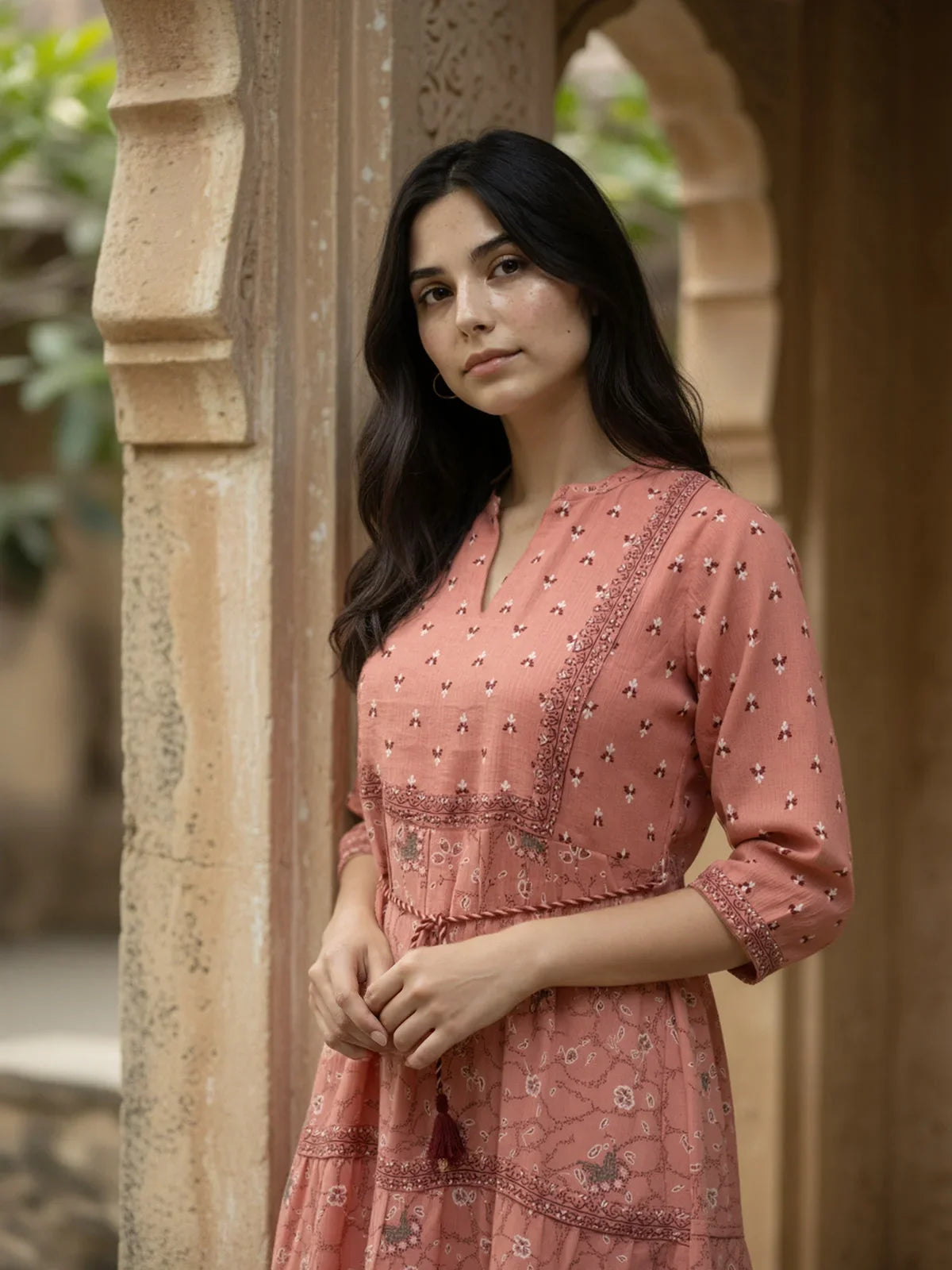 Buy Viscose Poly Printed Flared Calf Length Dress-Pink