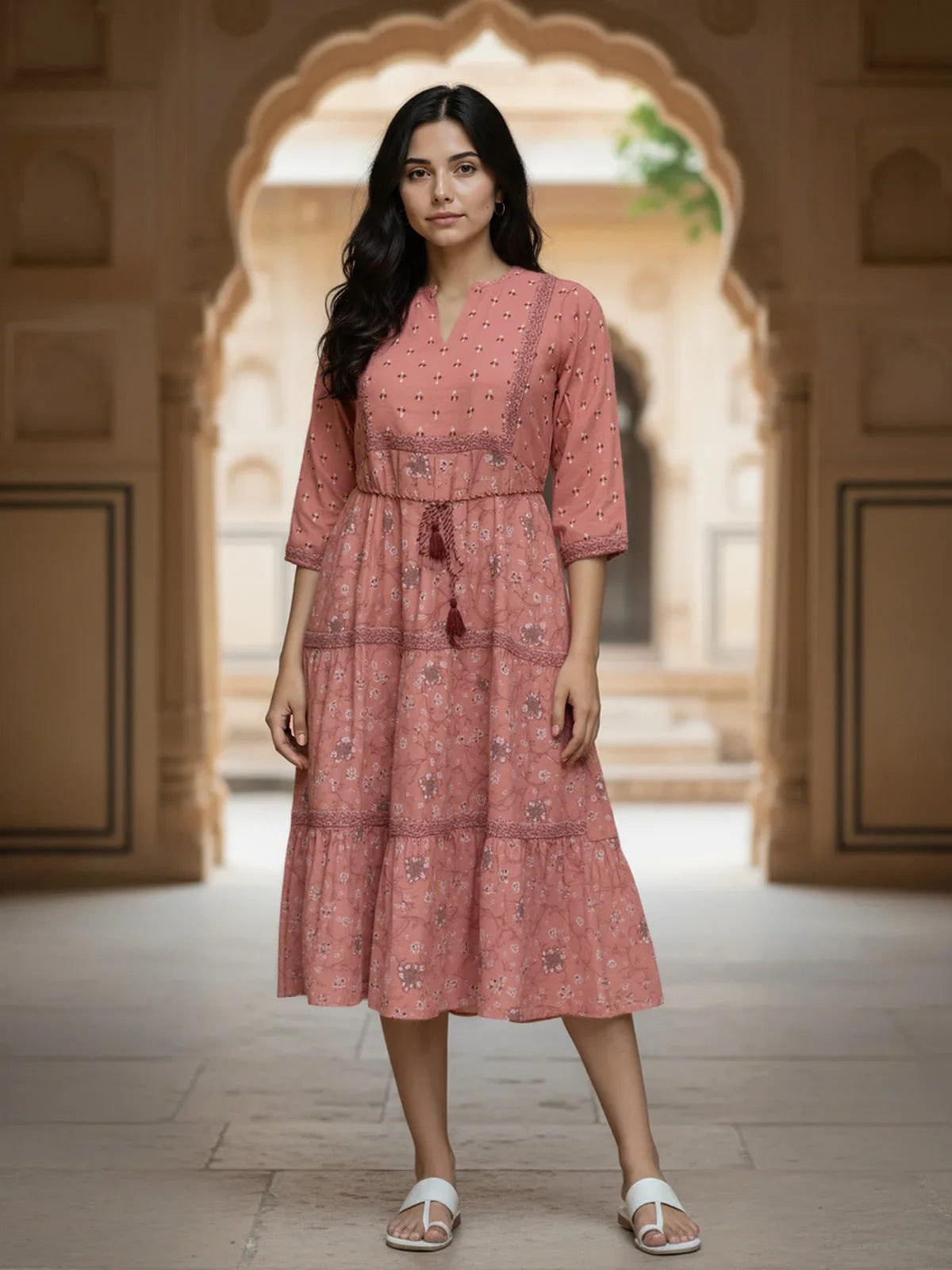Buy Viscose Poly Printed Flared Calf Length Dress-Pink